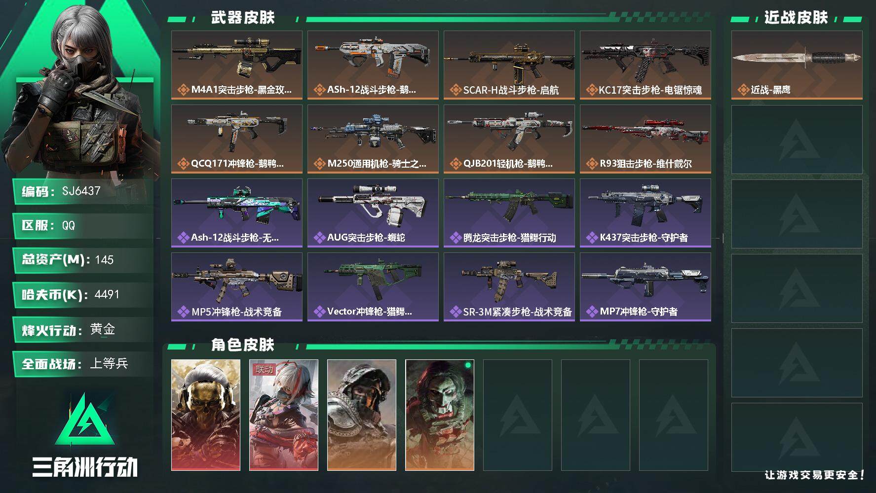 三角洲行动账号QQ【SJ6437】总资产(M)：145M/哈夫币(K)：4491K/哈夫币(K)：4491K/传说枪皮