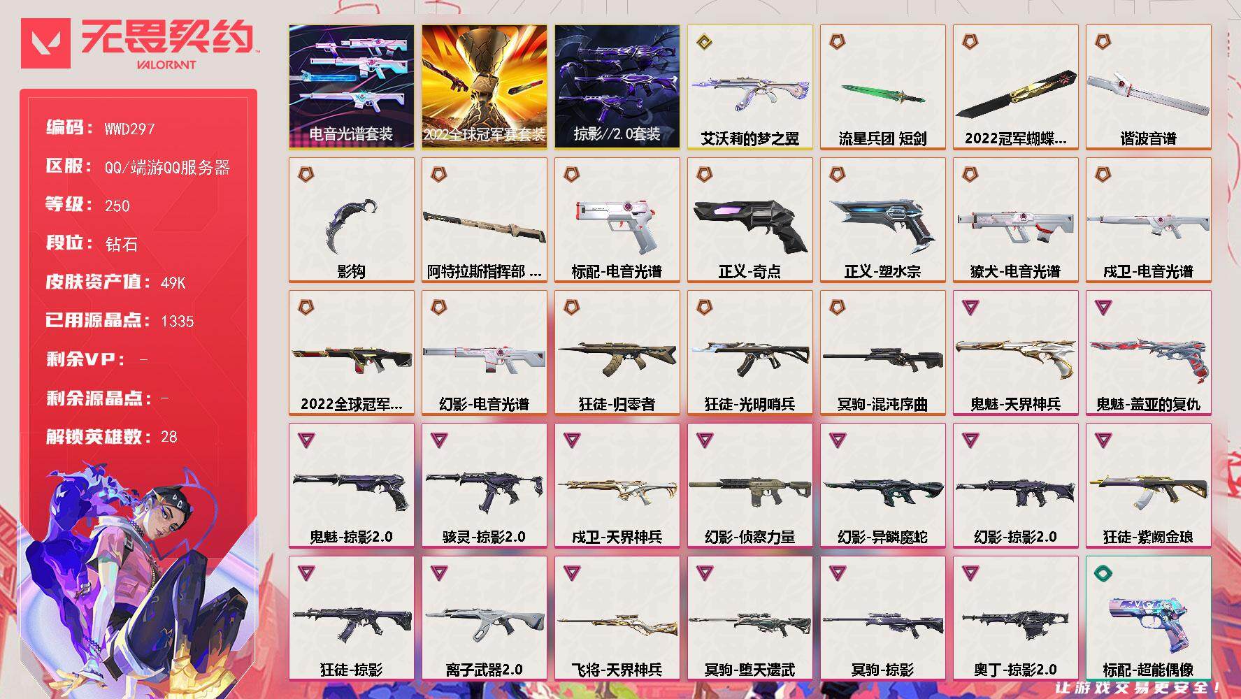 无畏契约账号QQ【WWD297】终极*15/传奇*1/卓越*15/皮肤*76/等级*250/段位:钻石/2022全球冠军赛套装/电音光谱套装/掠影//2.0套装/幻棱/炼狱/维斯/暮蝶/钛狐/壹决/铁臂/捷风/雷兹