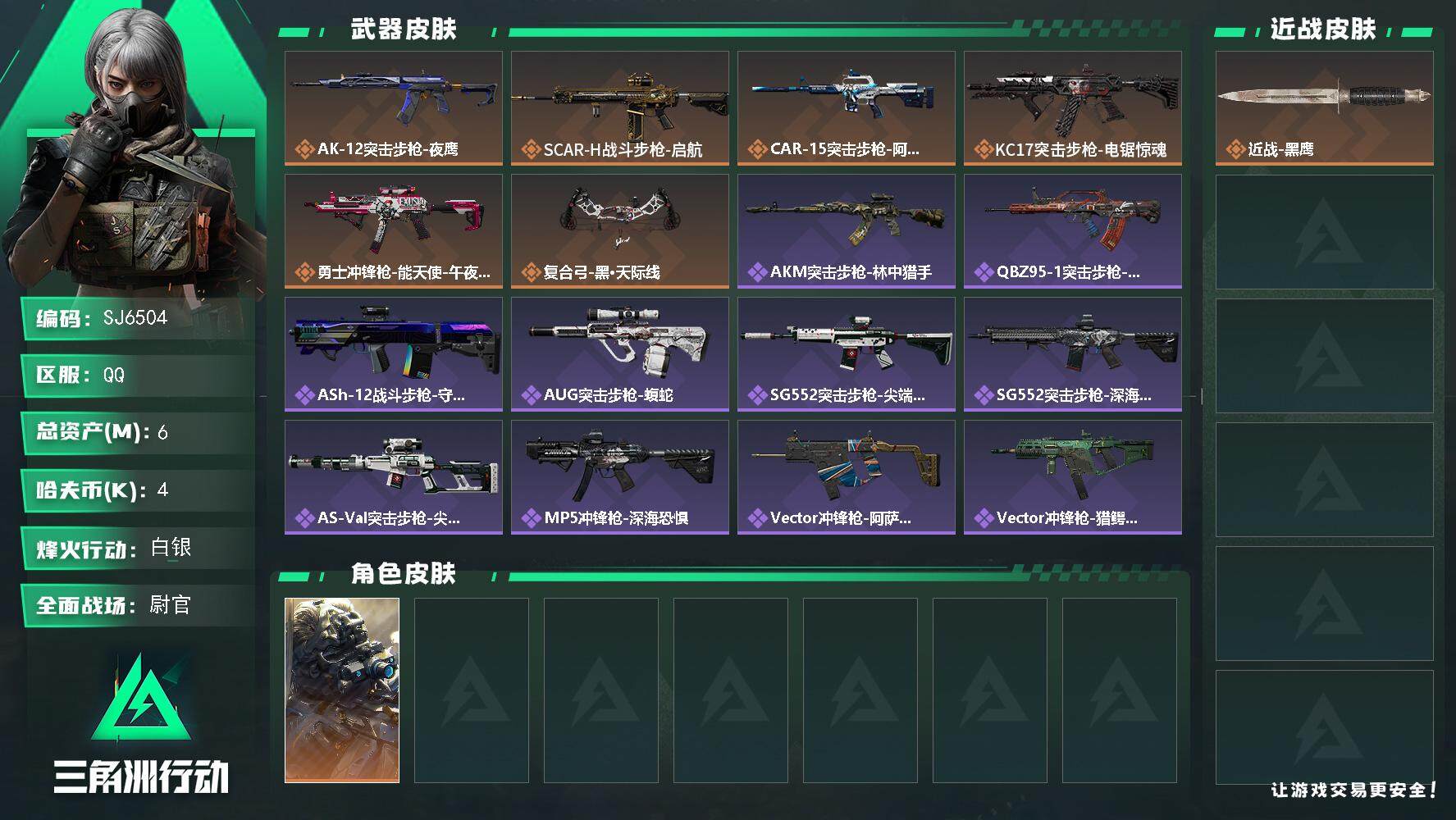 三角洲行动账号QQ【SJ6504】总资产(M)：6M/哈夫币(K)：4K/哈夫币(K)：4K/传说枪皮数：6/全面战场等级：50_段位：尉官/烽火地带等级：60_段位：白银/无名-夜鹰/近战-黑鹰/AK-12突击步枪