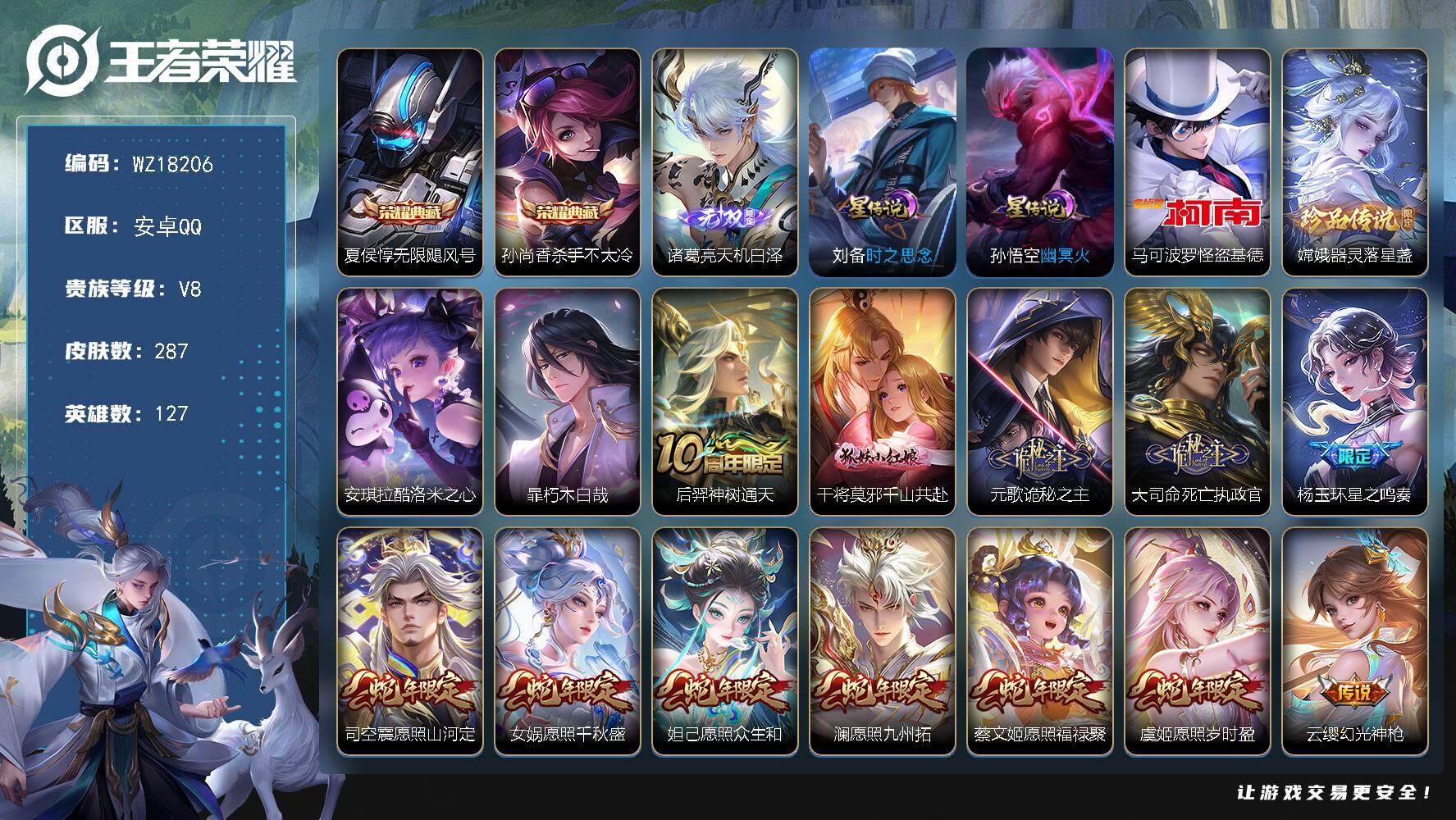 王者荣耀账号安卓QQ【WZ18206】HC31385，天机白泽/基德/2星元/35按键/有社交，安卓Q-V8-最强王者段位-127英雄-287皮肤-2典藏皮肤-1无双-4珍品传说-31传说-84史诗
【英雄全皮】：孙权