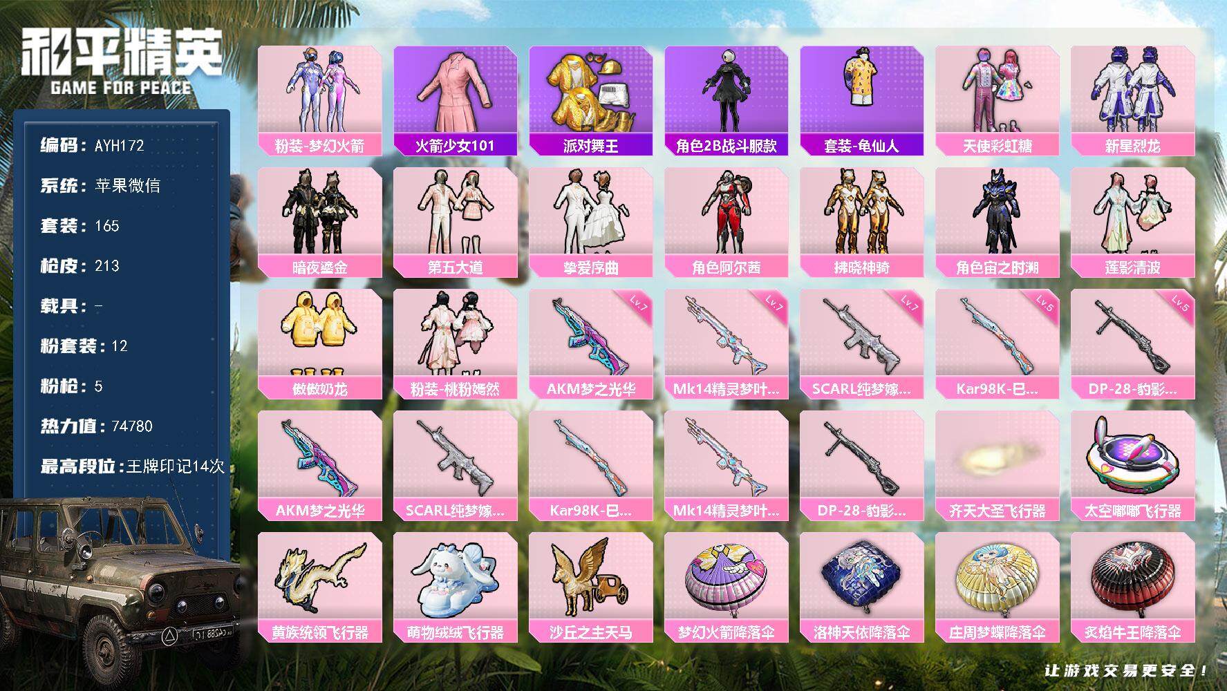 和平精英账号苹果微信0载具-165套装-213枪皮-【店主推荐捡漏号！可直接换绑】苹果 微信-12粉装-5特效枪-0载具