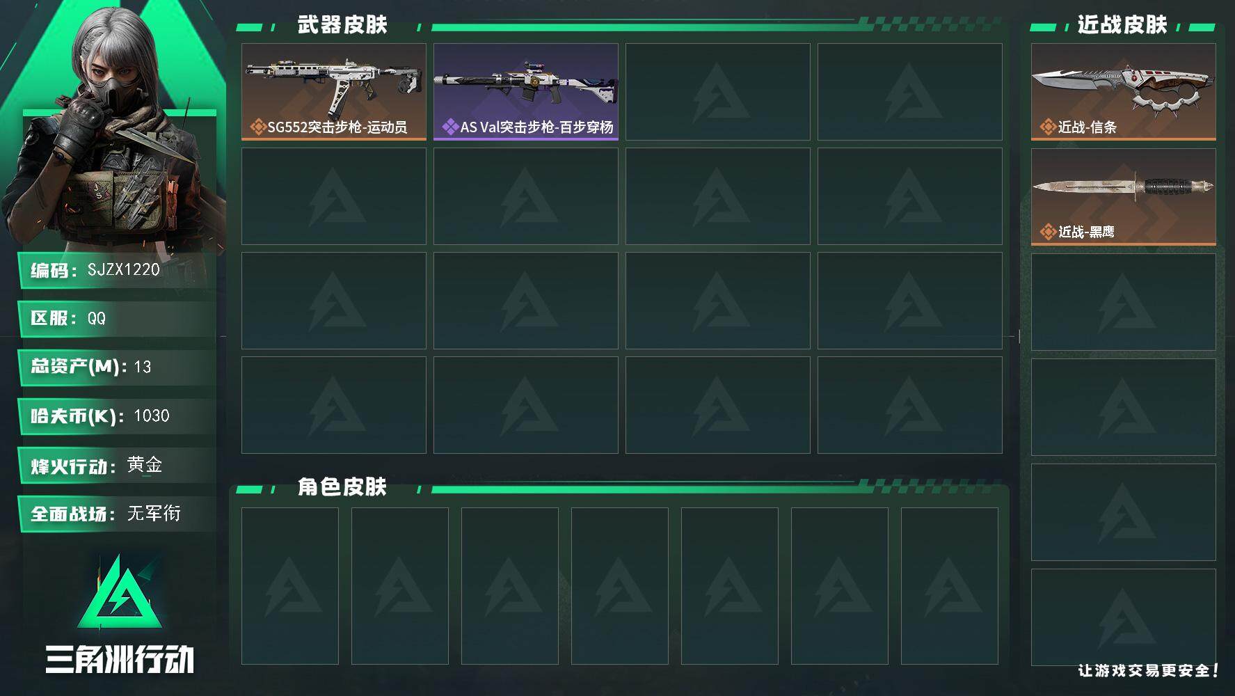 三角洲行动账号QQ【SJZX1220】总资产(M)：13M/哈夫币(K)：1030K/哈夫币(K)：1030K/全面战