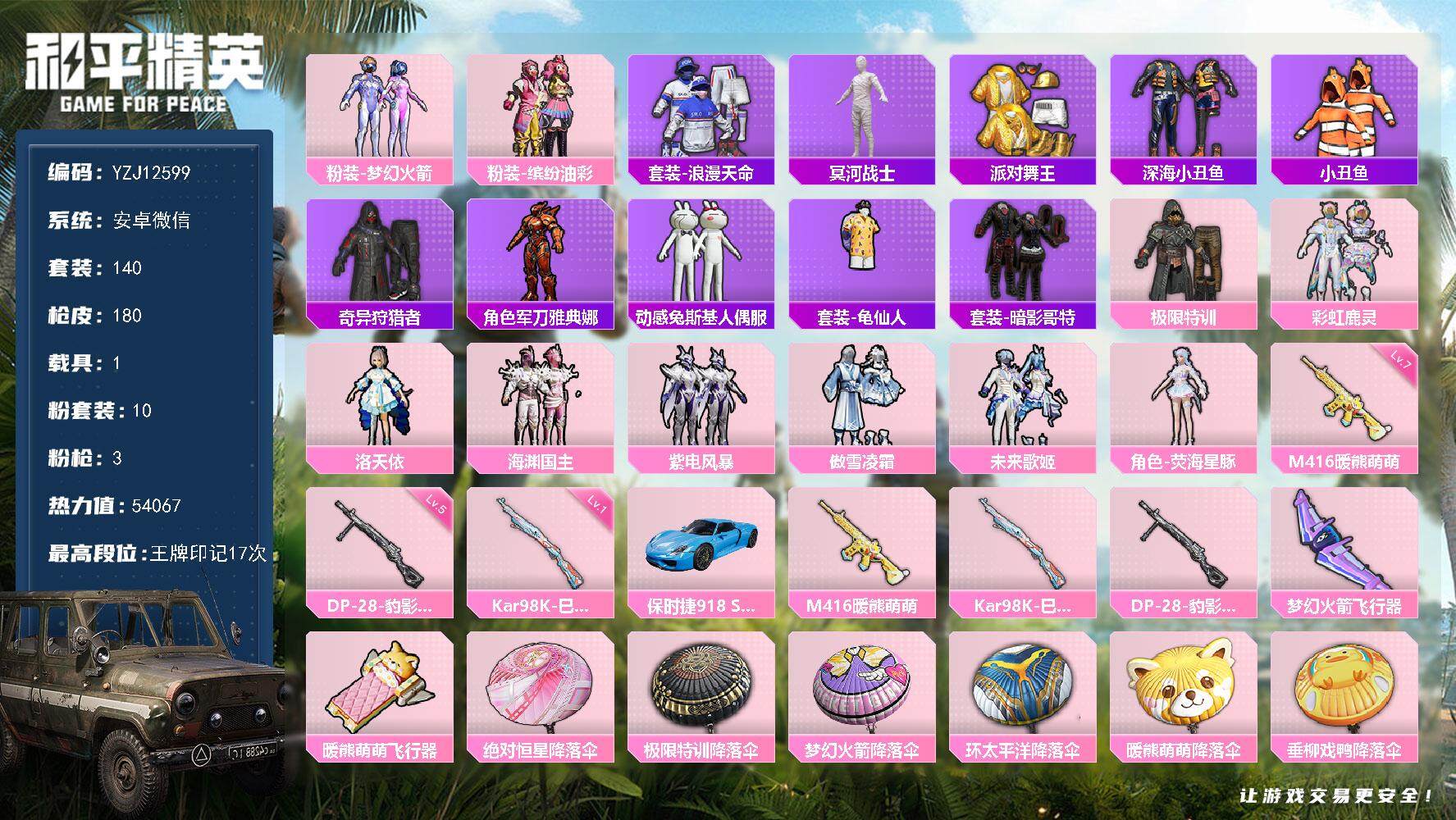 和平精英账号安卓微信YZJ12599  可二次  身法素材 老木乃伊 火箭少女 猪妹 金鞋 安卓V-6稀有1载具10粉装