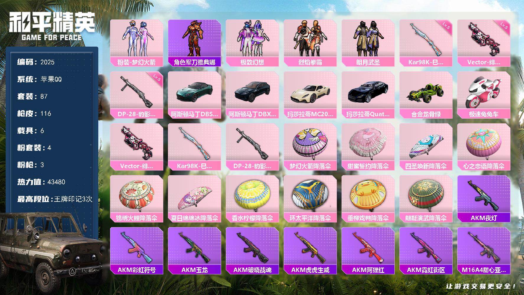 和平精英账号苹果QQ6载具-87套装-116枪皮-87套装/枪械3/装备138/载具6/战备80/王牌印记3/热力值43