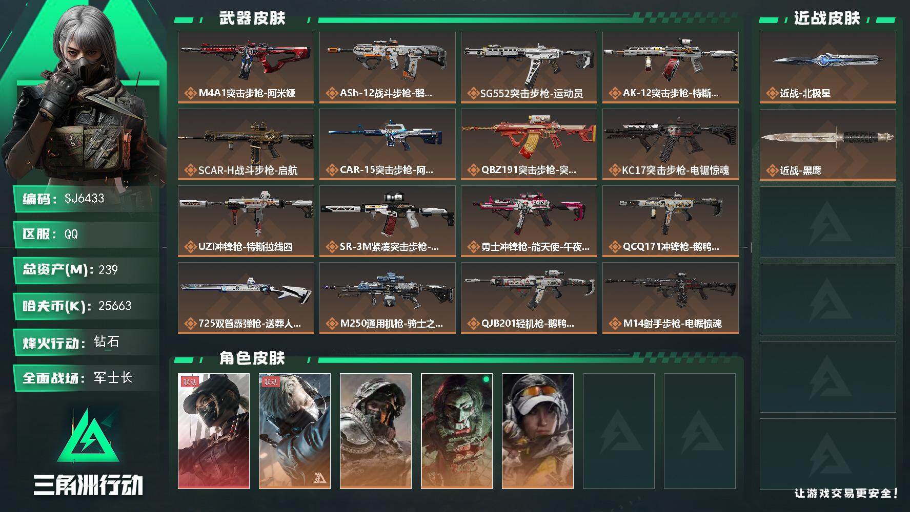 三角洲行动账号QQ【SJ6433】总资产(M)：239M/哈夫币(K)：25663K/哈夫币(K)：25663K/传说枪皮数：19/全面战场等级：50_段位：军士长/烽火地带等级：60_段位：钻石/露娜-黑·天际线/