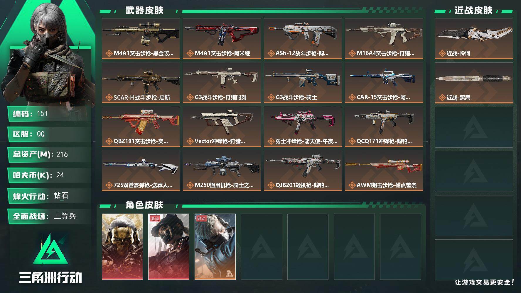 三角洲行动账号QQ【LX49368】216m总资产-24k哈伏币-60烽火等级-钻石-21战场等级-上等兵
【干员外观】：红狼-蚀金玫瑰，露娜-黑·天际线，蜂医-送葬人·无题密令
【近战皮肤】：近战-怜悯，近战-黑鹰