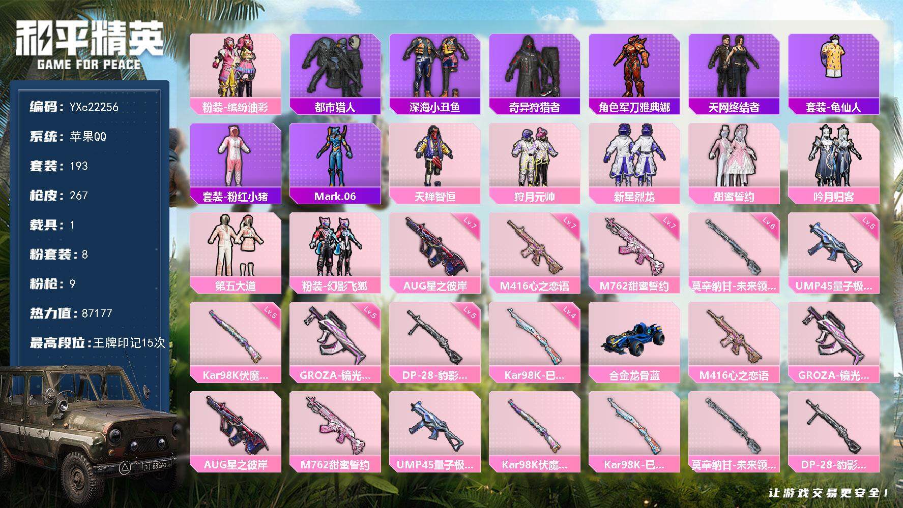 和平精英账号苹果QQ1载具-193套装-267枪皮-【都市 天网 猪妹 满级心之恋语 满地铁天赋】YXc22256-【无