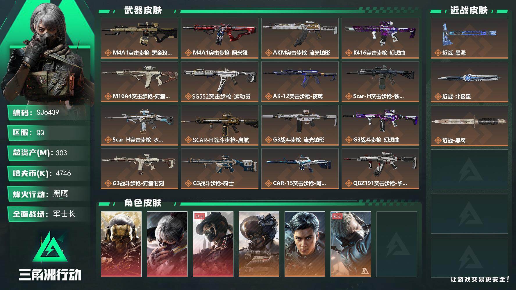 三角洲行动账号QQ【SJ6439】总资产(M)：303M/哈夫币(K)：4746K/哈夫币(K)：4746K/传说枪皮