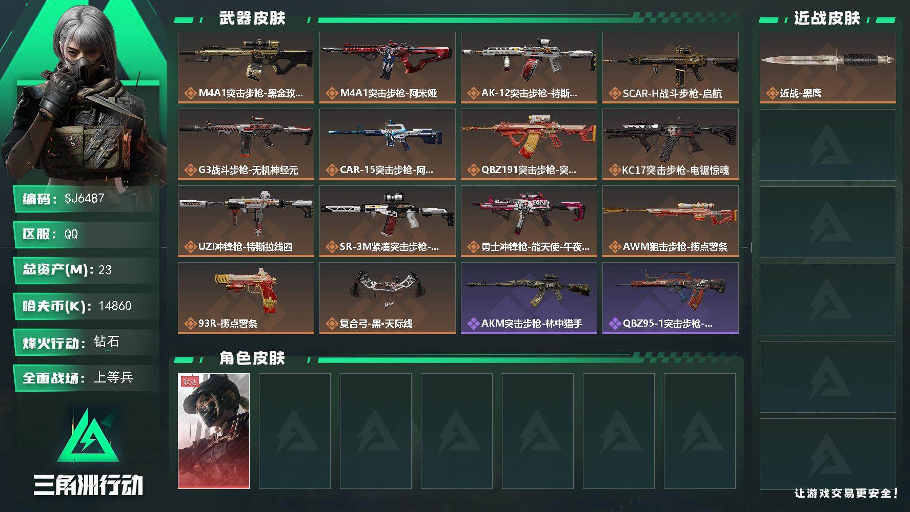 三角洲行动账号QQ【SJ6487】总资产(M)：23M/哈夫币(K)：14860K/哈夫币(K)：14860K/传说枪皮数：14/全面战场等级：49_段位：上等兵/烽火地带等级：60_段位：钻石/露娜-黑·天际线/近