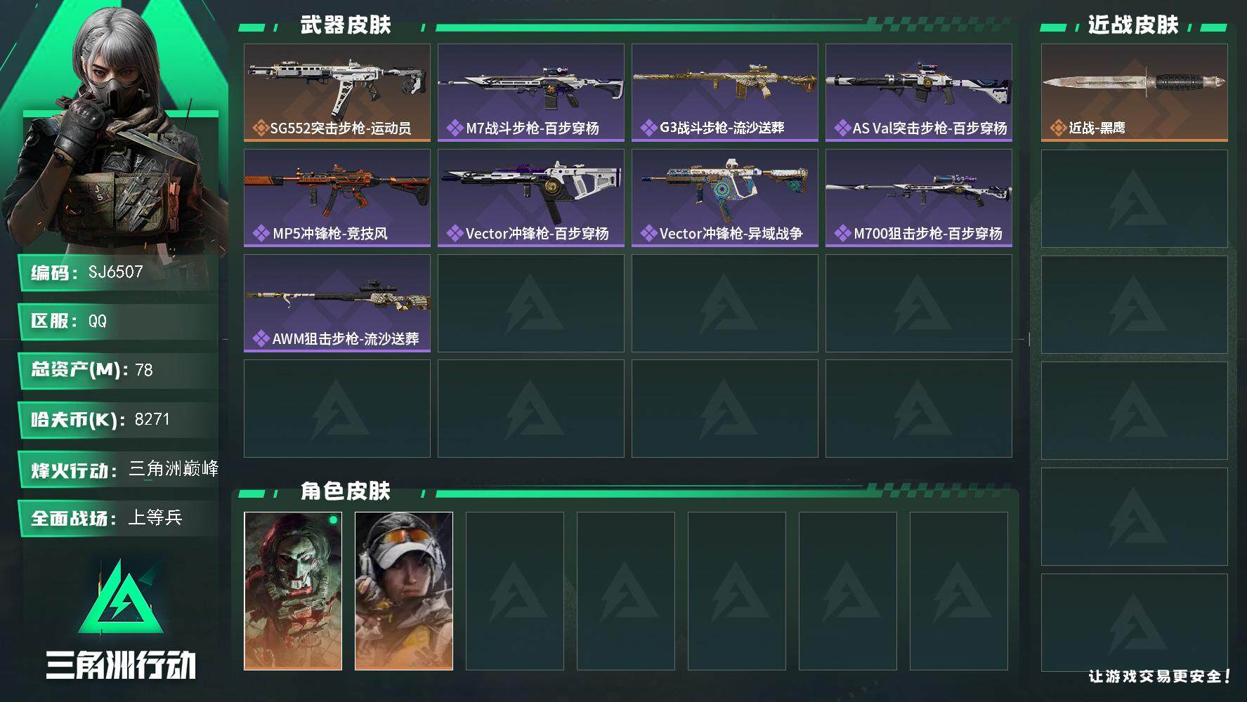 三角洲行动账号QQ【SJ6507】总资产(M)：78M/哈夫币(K)：8271K/哈夫币(K)：8271K/传说枪皮数