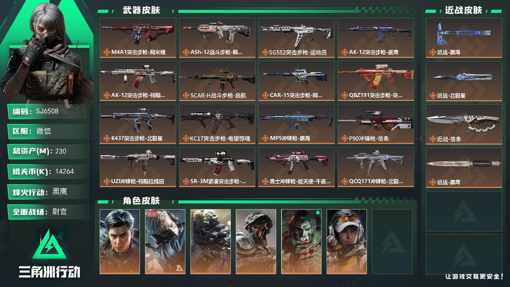 三角洲行动账号VX【SJ6508】总资产(M)：230M/哈夫币(K)：14264K/哈夫币(K)：14264K/传说枪皮数：26/全面战场等级：50_段位：尉官/烽火地带等级：60_段位：黑鹰/威龙-飞虎/蜂医-送
