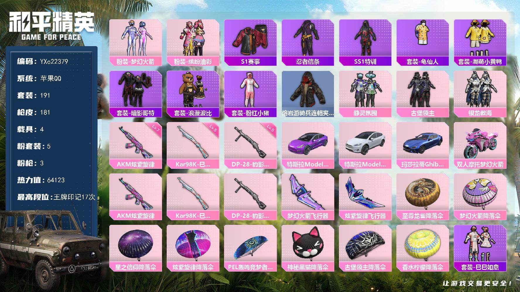 和平精英账号苹果QQ4载具-191套装-181枪皮-【SI赛事外套 新101 猪妹 猫鞋 哥特】YXc22379-【无二
