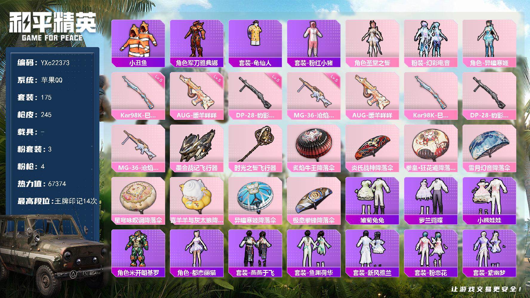 和平精英账号苹果QQ0载具-175套装-245枪皮-【小丑鱼】YXc22373-【无二次协助处理】【因赛季更新游戏段付以