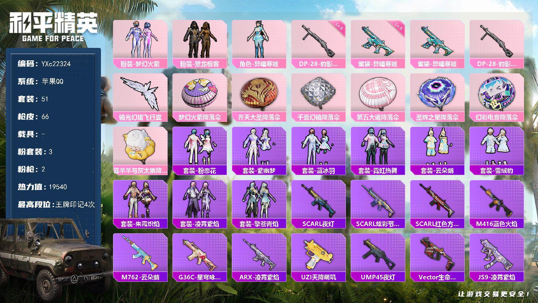 和平精英账号苹果QQ0载具-51套装-66枪皮-【新101 粉熊包 满地铁天赋】YXc22324-【无二次协助处理】【因