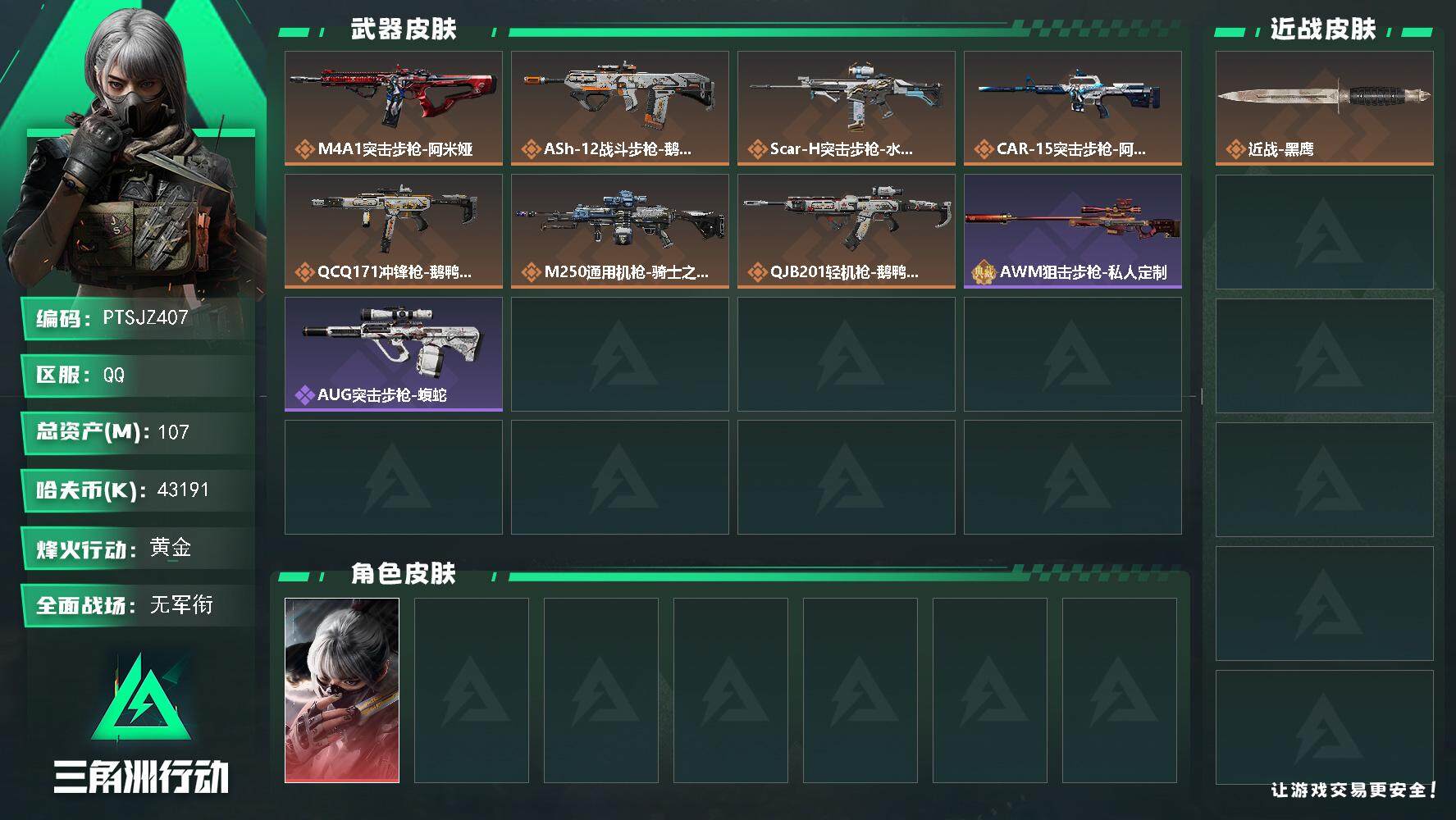 三角洲行动账号QQ【PTSJZ407】【自带包赔 找回全额赔】43191k哈伏币-86m流动资产-54烽火等级-黄金-