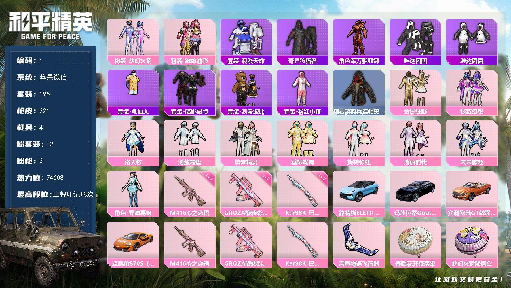 和平精英账号苹果微信4载具-195套装-221枪皮-苹果 微信-12粉装-3特效枪-4载具-2粉色飞行器-74608热力
