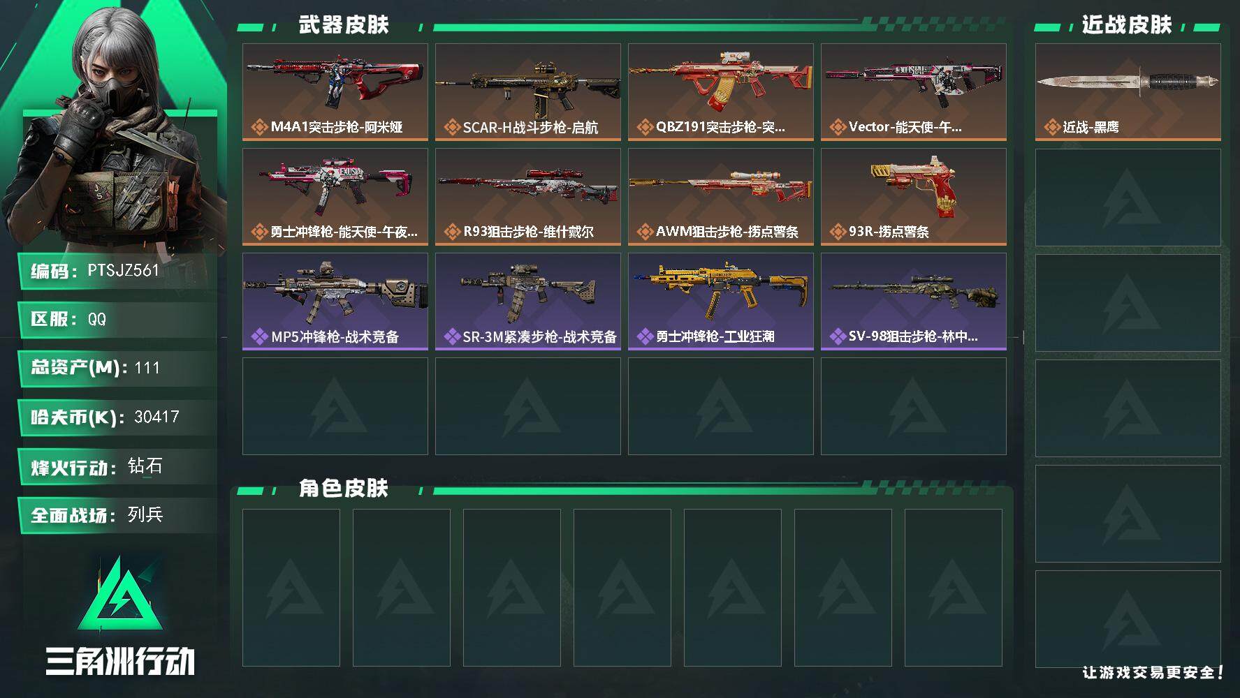 三角洲行动账号QQ【PTSJZ561】【自带包赔 找回全额赔】30417k哈伏币-92m流动资产-60烽火等级-钻石-