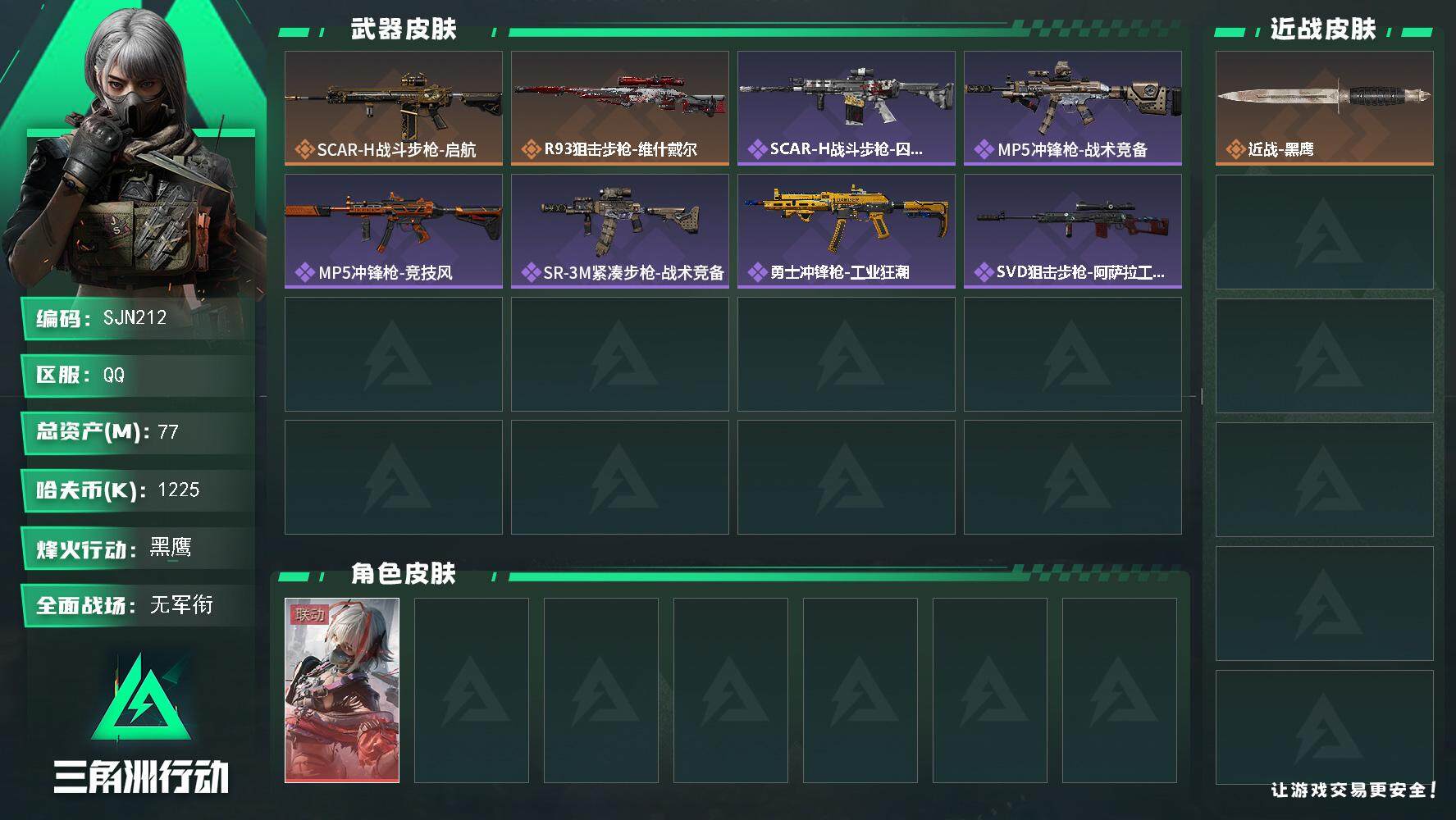 三角洲行动账号QQ【SJN212】总资产(M)：77M/哈夫币(K)：1225K/哈夫币(K)：1225K/全面战场等级：1_段位：无段位/烽火地带等级：60_段位：黑鹰/非洲之心/骇爪-维什戴尔/近战-黑鹰/SCA