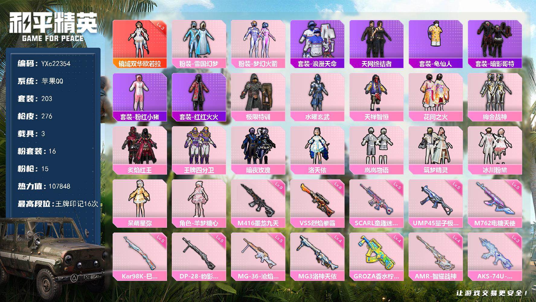 和平精英账号苹果QQ3载具-203套装-276枪皮-【3级欧若拉 天网 新101 雪国 满级墨龙九天 哥特 粉熊包 满地