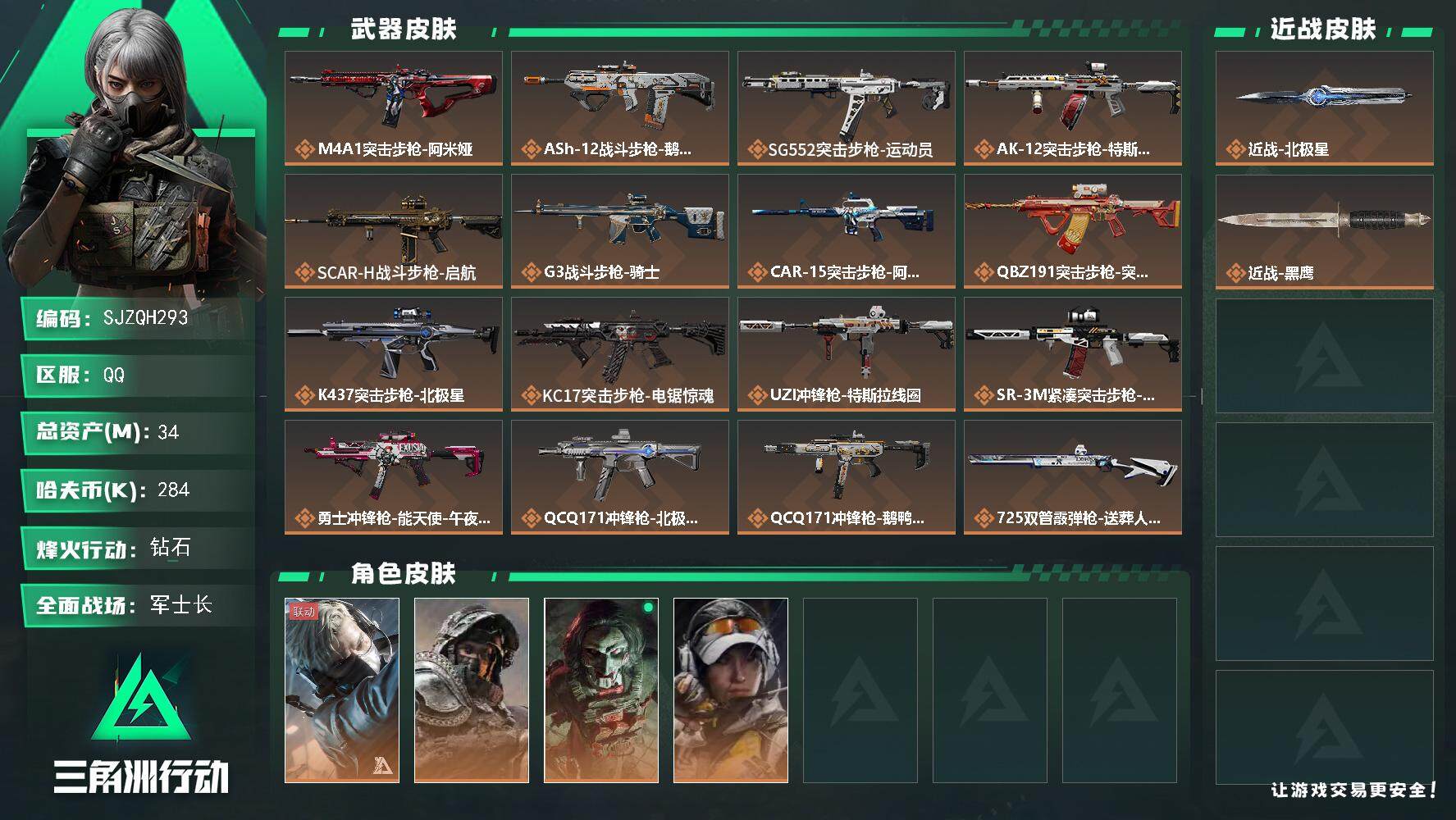 三角洲行动账号QQ【SJZQH293】总资产(M)：34M/哈夫币(K)：284K/哈夫币(K)：284K/传说枪皮数