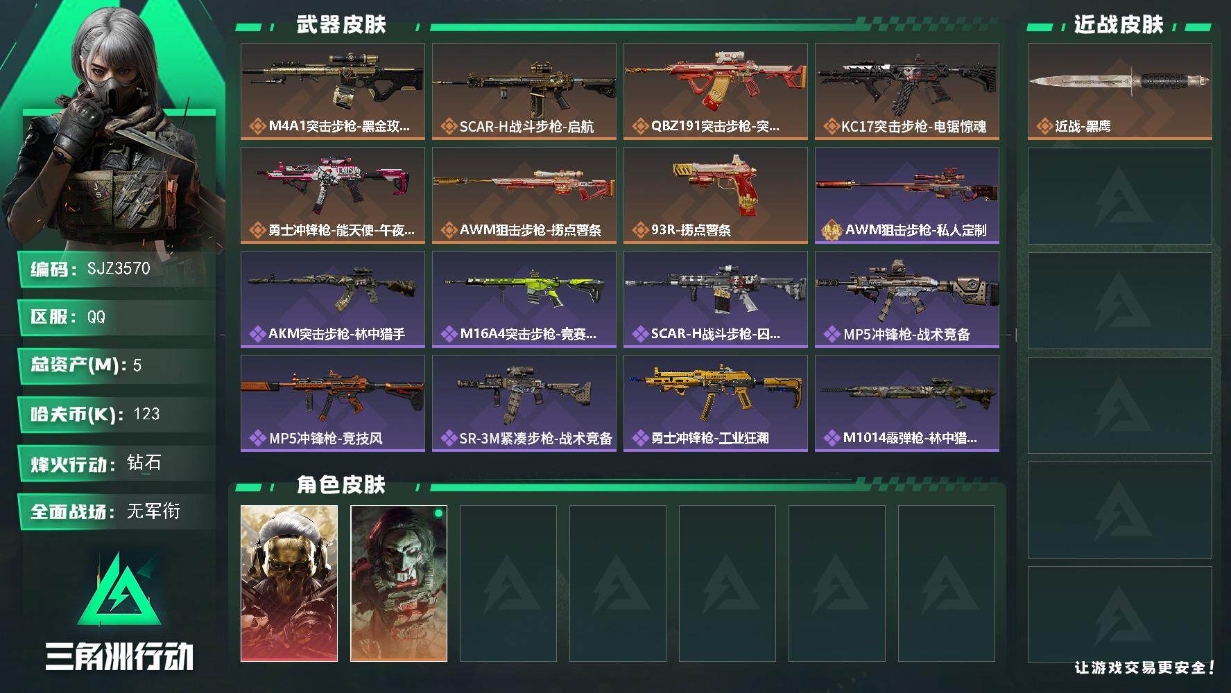 三角洲行动账号QQ【SJZ3570】总资产(M)：5M/哈夫币(K)：123K/哈夫币(K)：123K/传说枪皮数：7/全面战场等级：1_段位：无段位/烽火地带等级：60_段位：钻石/红狼-蚀金玫瑰/红狼-电锯惊魂/