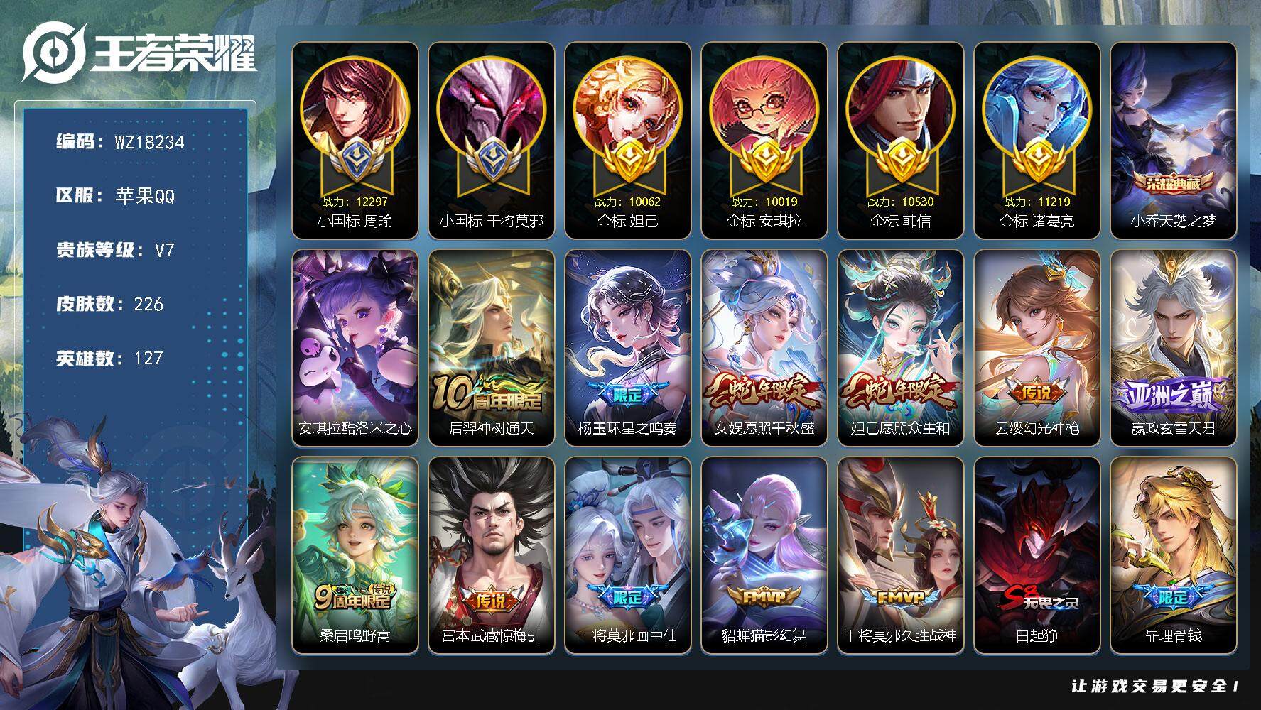 王者荣耀账号苹果QQ【WZ18234】HCA50745，，，1.22w小国标干将莫邪/1.22w小国标周瑜/1.05w金标韩信/1.12w金标诸葛亮/小乔典藏/苹果Q-V7-最强王者段位-127英雄-226皮肤-1典藏