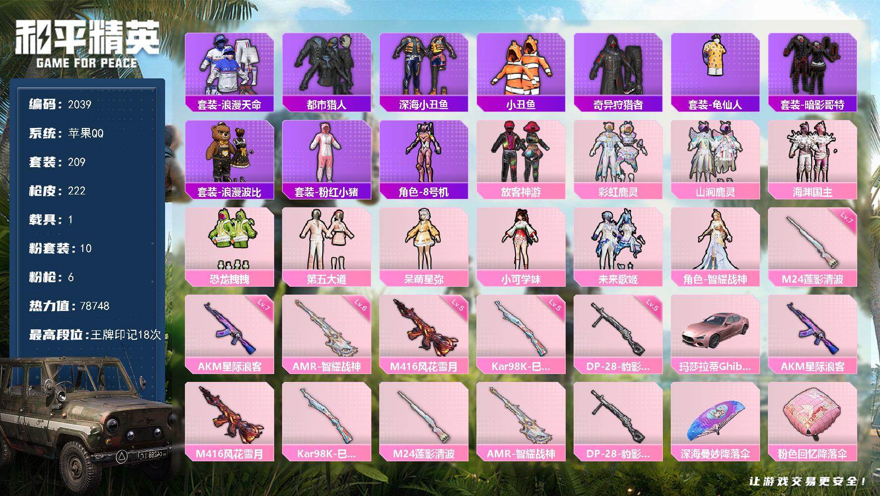 和平精英账号苹果QQ1载具-209套装-222枪皮-209套装/枪械6/装备317/载具1/战备188/王牌印记18/热
