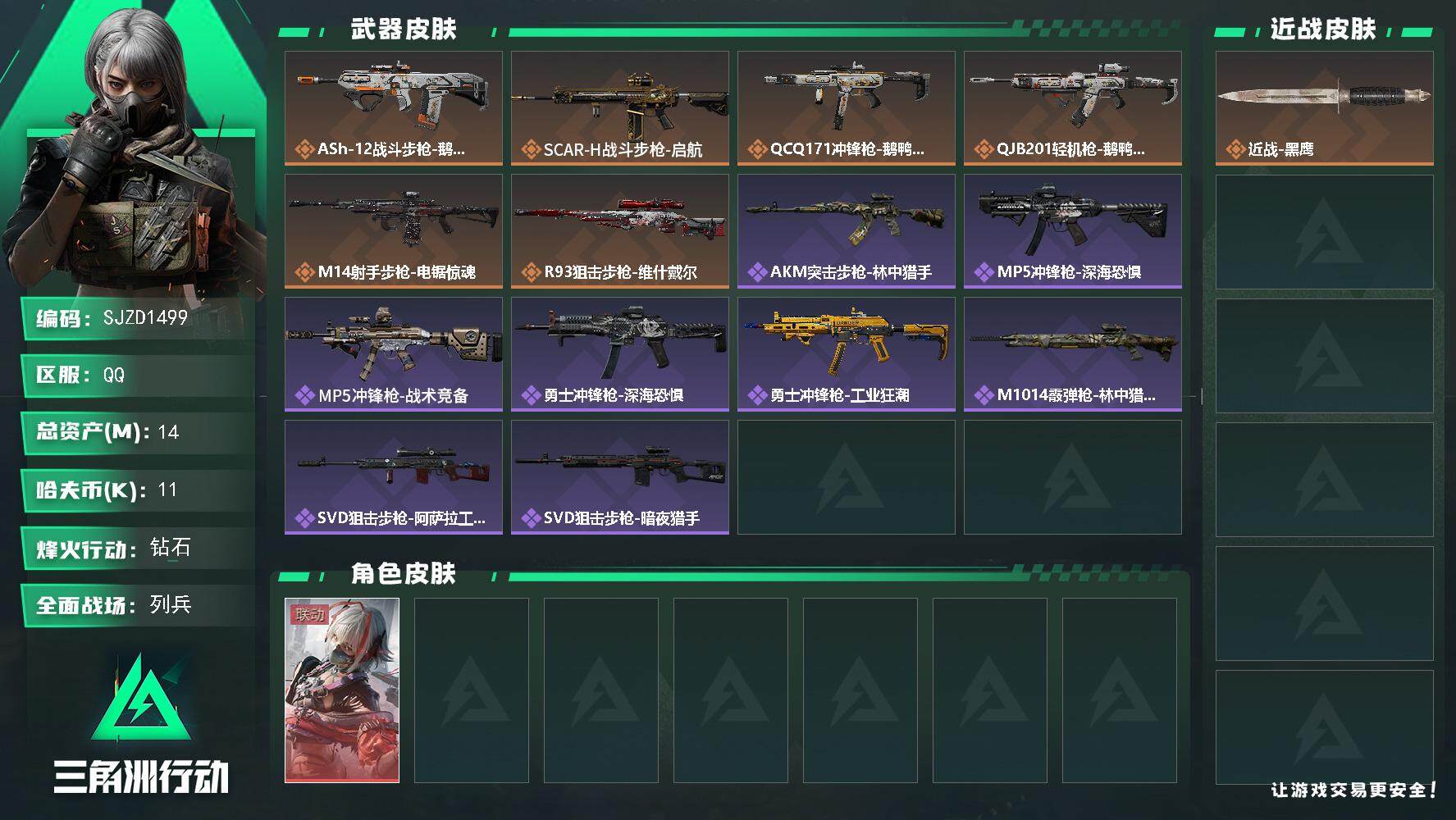 三角洲行动账号QQ【SJZD1499】总资产(M)：14M/哈夫币(K)：11K/哈夫币(K)：11K/传说枪皮数：6/全面战场等级：11_段位：列兵/烽火地带等级：49_段位：钻石/骇爪-维什戴尔/近战-黑鹰/AS