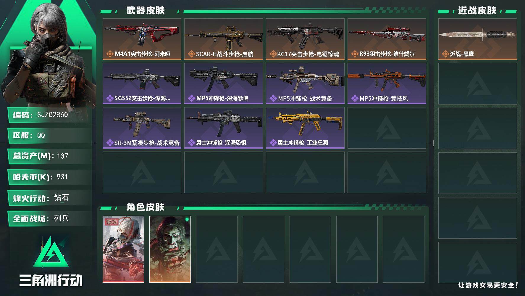三角洲行动账号QQ【SJZG2860】总资产(M)：137M/哈夫币(K)：931K/哈夫币(K)：931K/传说枪皮