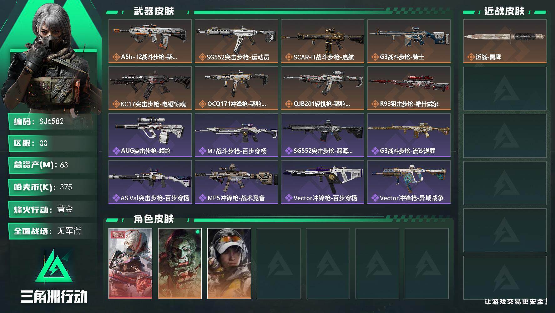 三角洲行动账号QQ【SJ6582】总资产(M)：63M/哈夫币(K)：375K/哈夫币(K)：375K/传说枪皮数：8/全面战场等级：1_段位：无段位/烽火地带等级：60_段位：黄金/骇爪-维什戴尔/红狼-电锯惊魂/