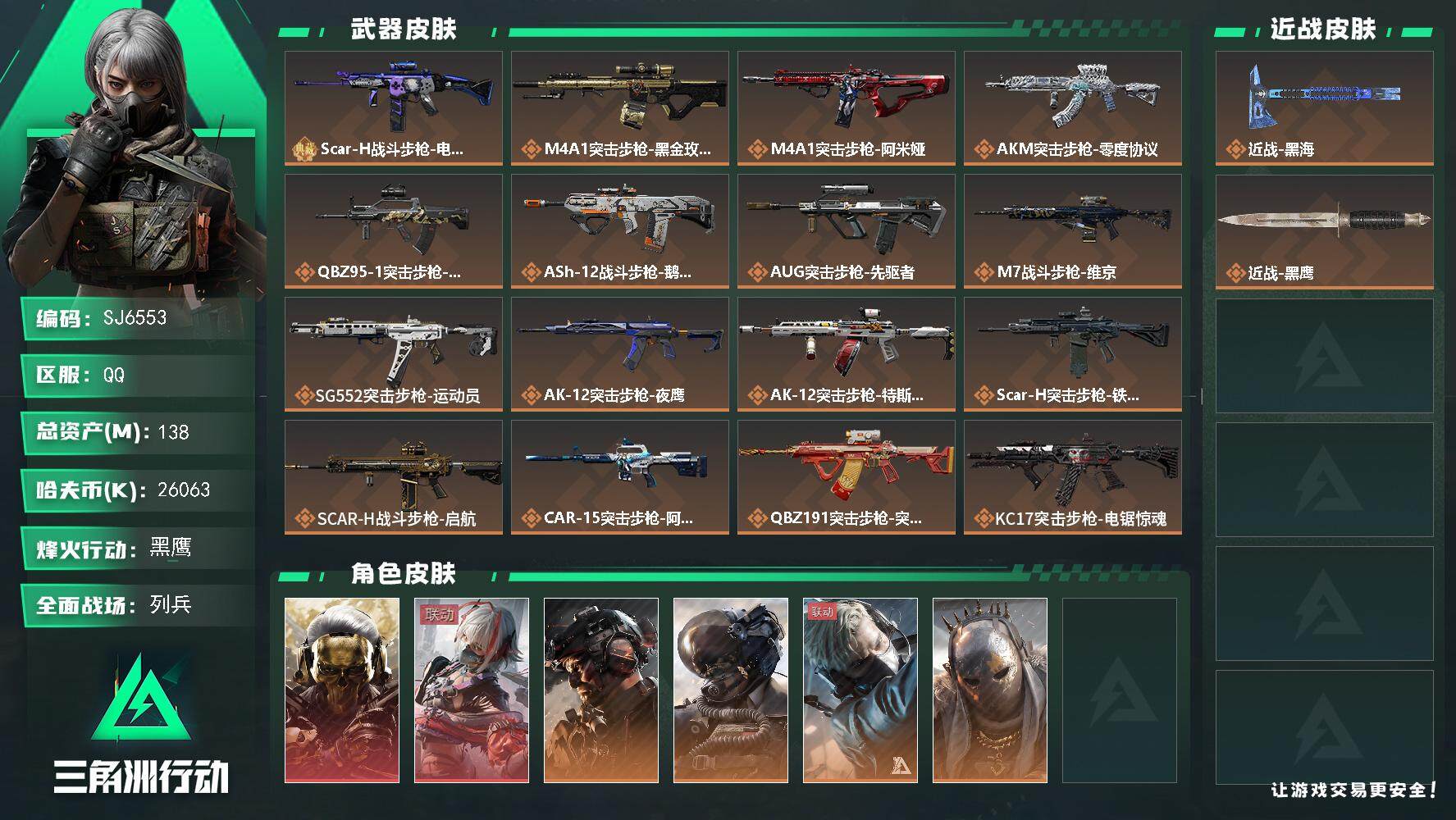 三角洲行动账号QQ【SJ6553】总资产(M)：138M/哈夫币(K)：26063K/哈夫币(K)：26063K/传说枪皮数：30/全面战场等级：50_段位：列兵/烽火地带等级：60_段位：黑鹰/红狼-蚀金玫瑰/骇爪
