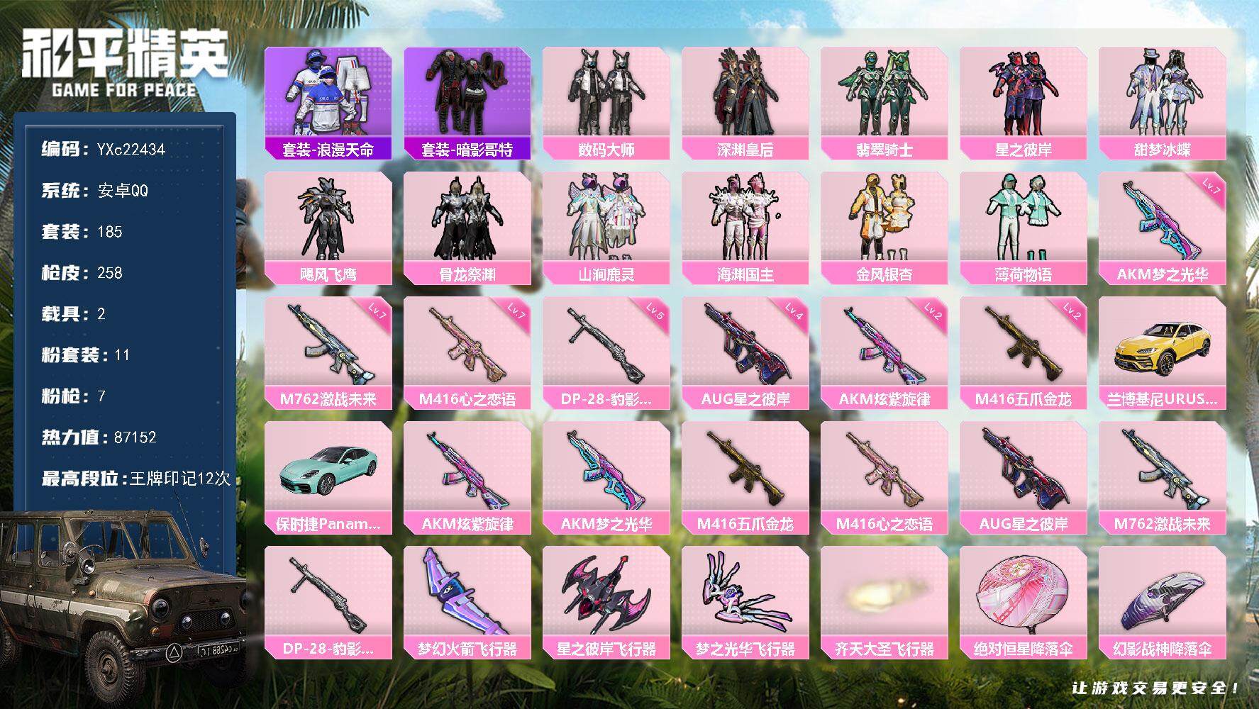 和平精英账号安卓QQ2载具-185套装-258枪皮-【满级心之恋语 猫包 满地铁天赋】YXc22434-【无二次协助处理