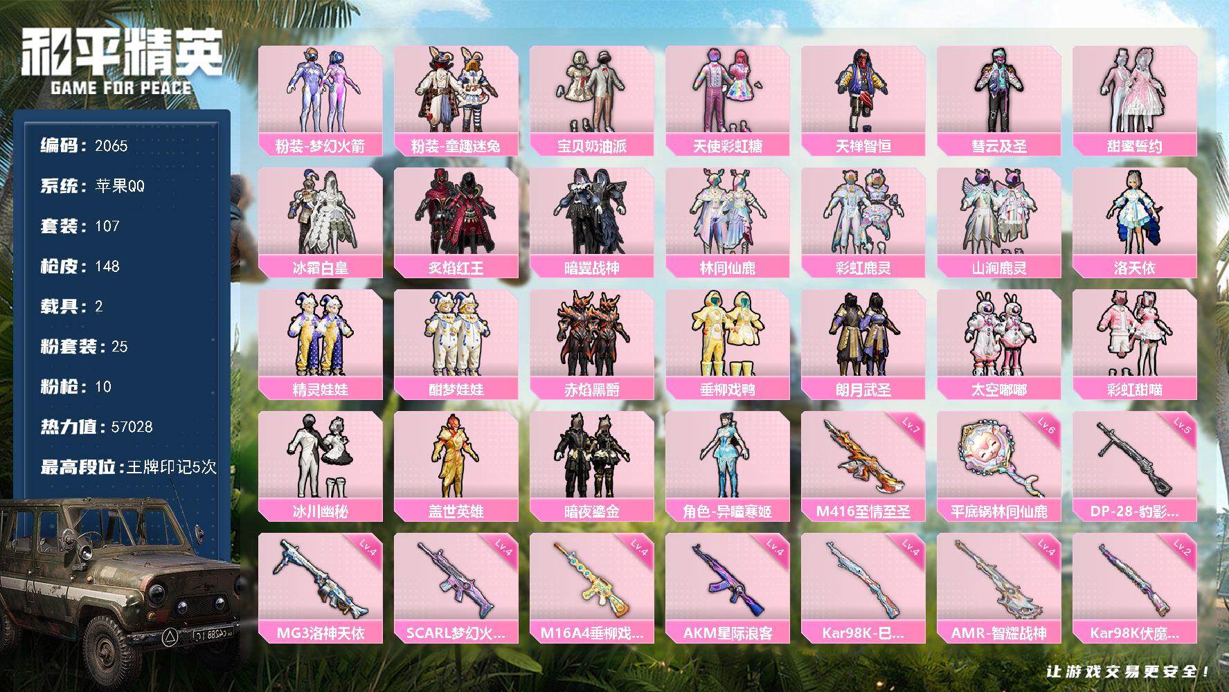 和平精英账号苹果QQ2载具-107套装-148枪皮-107套装/枪械10/装备224/载具2/战备92/王牌印记5/热力