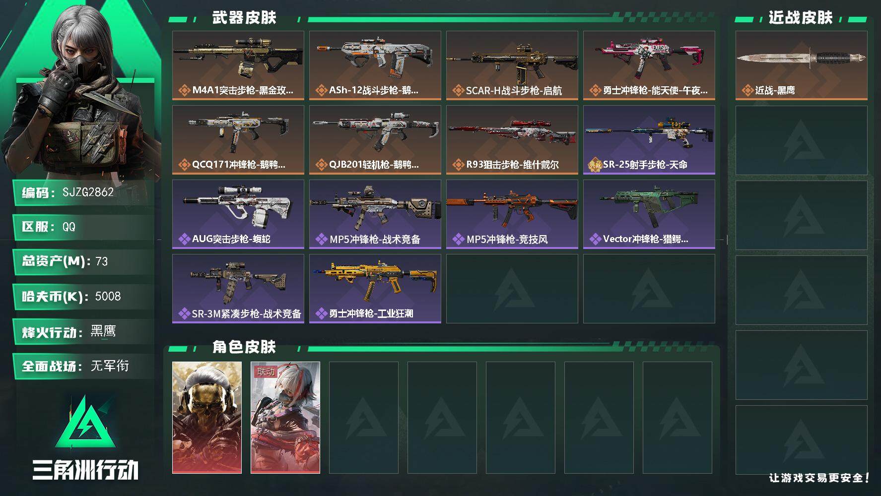三角洲行动账号QQ【SJZG2862】总资产(M)：73M/哈夫币(K)：5008K/哈夫币(K)：5008K/传说枪皮数：7/全面战场等级：1_段位：无段位/烽火地带等级：60_段位：黑鹰/红狼-蚀金玫瑰/骇爪-维