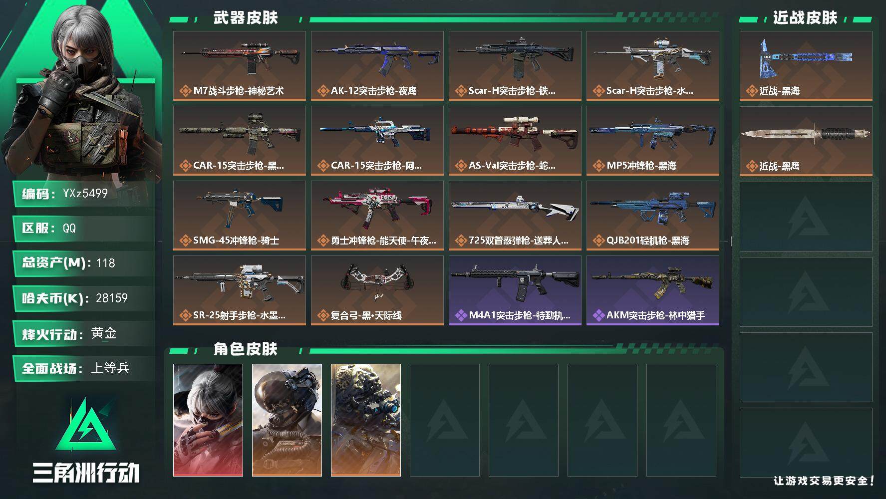 三角洲行动账号QQ【Q区三端互通】【可二次】YXz5499-特勤处：仓库7级/靶场5级/训练中心6级-总资产118.5