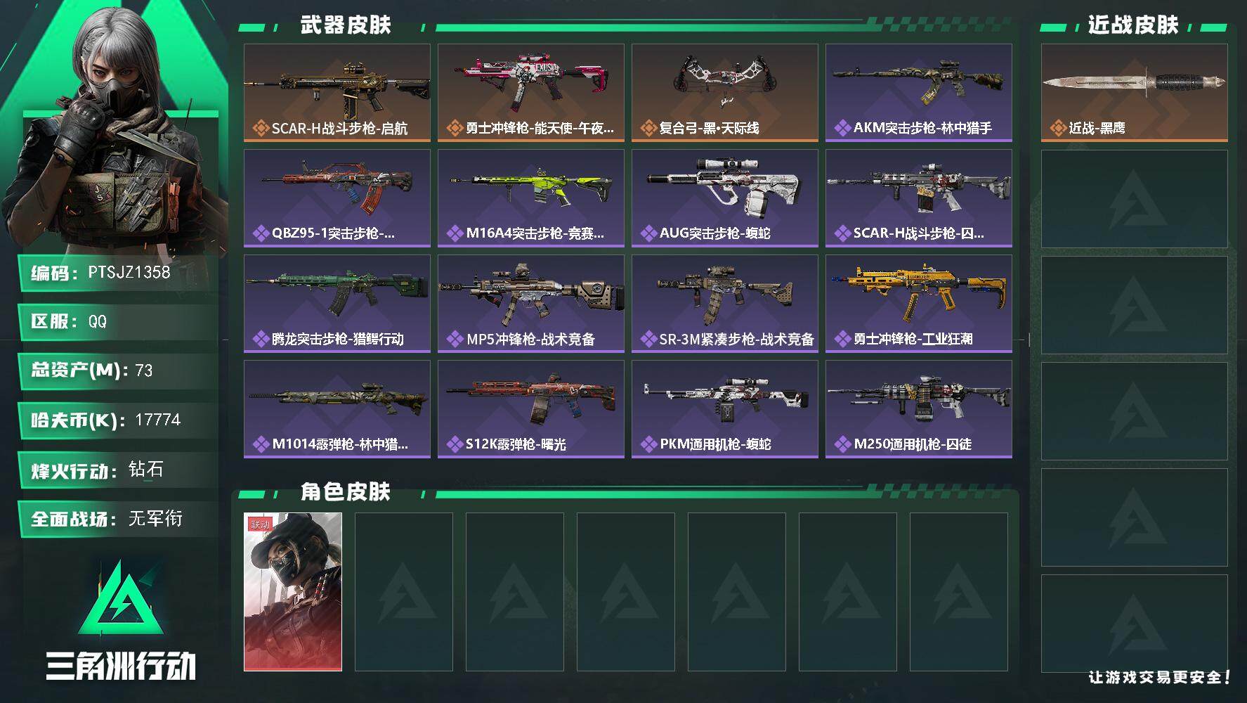 三角洲行动账号QQ【PTSJZ1358】【自带包赔 找回全额赔】总资产：73.4 M  部门任务：23322   73