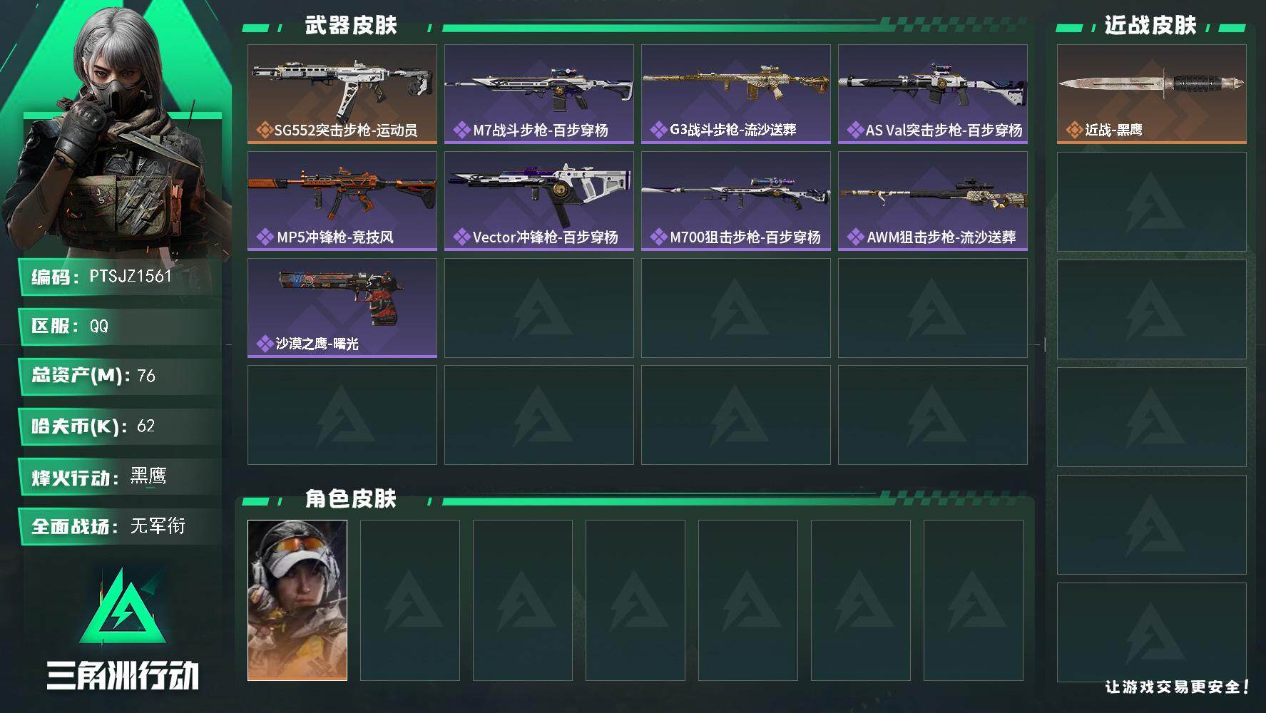 三角洲行动账号QQ【PTSJZ1561】【自带包赔 找回全额赔】总资产：76M  部门任务：22322        