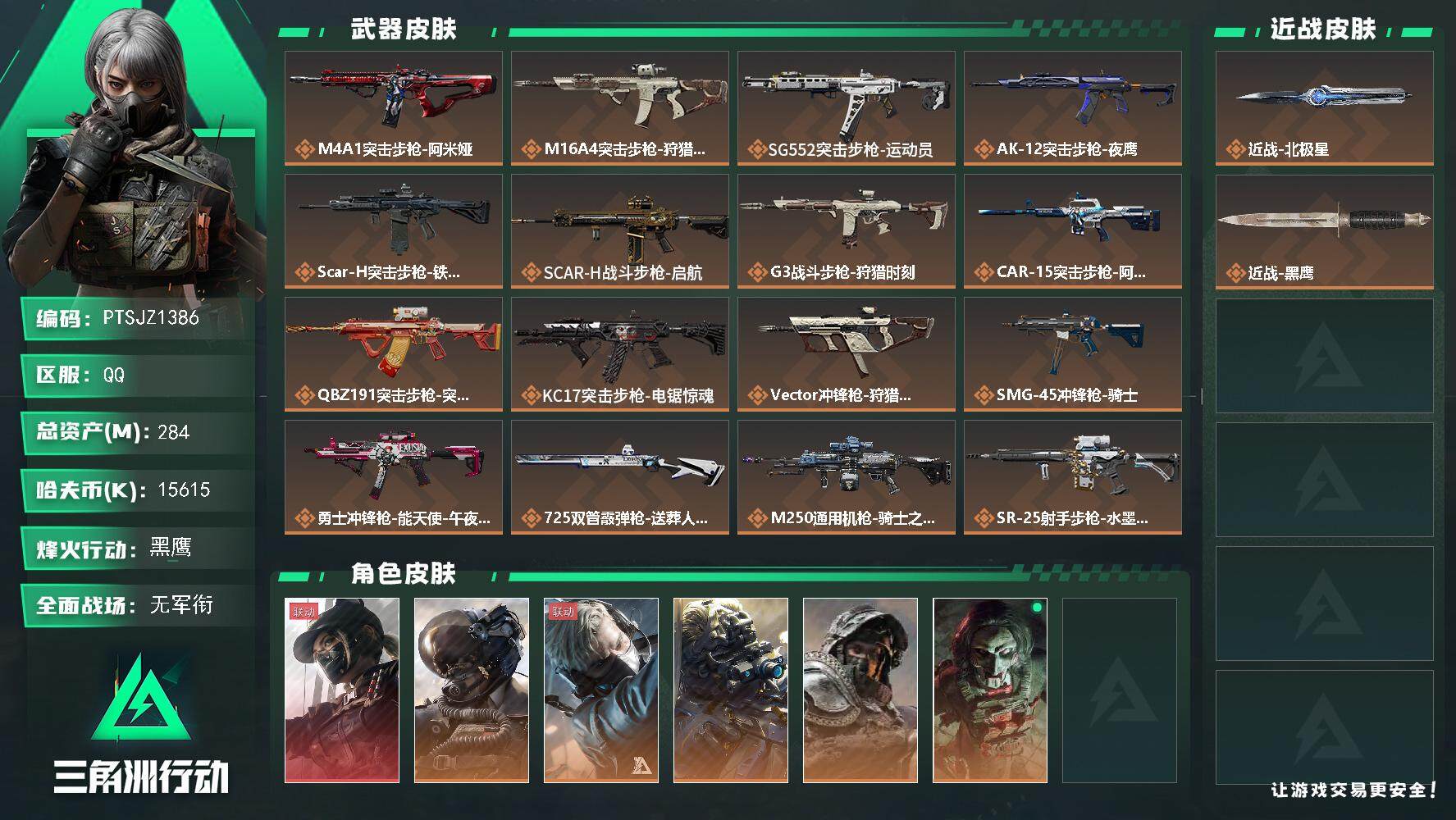 三角洲行动账号QQ【PTSJZ1386】【自带包赔 找回全额赔】 总资产：284.1    M   部门任务：2222