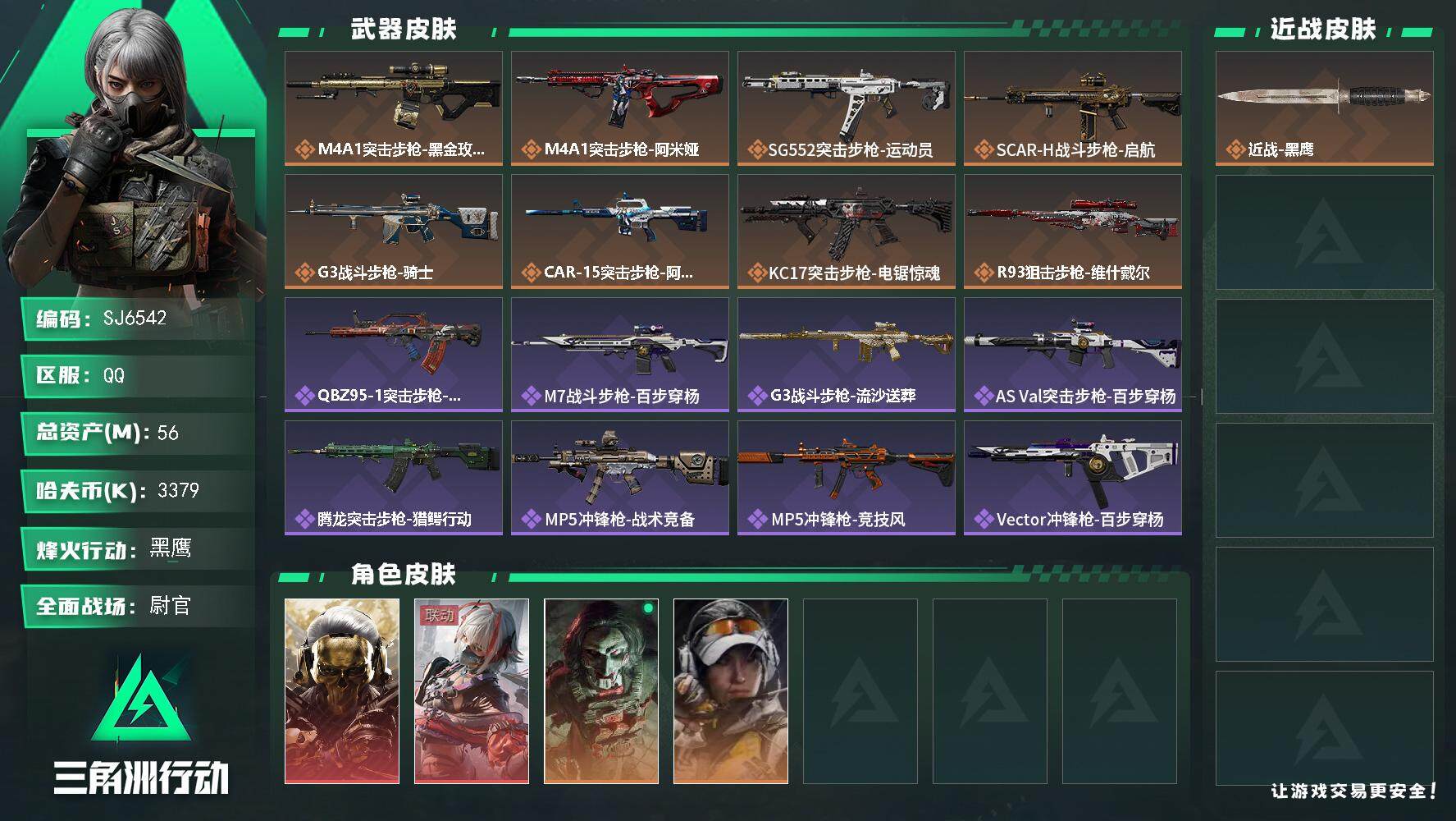 三角洲行动账号QQ【SJ6542】总资产(M)：56M/哈夫币(K)：3379K/哈夫币(K)：3379K/传说枪皮数：8/全面战场等级：47_段位：尉官/烽火地带等级：60_段位：黑鹰/红狼-蚀金玫瑰/骇爪-维什戴