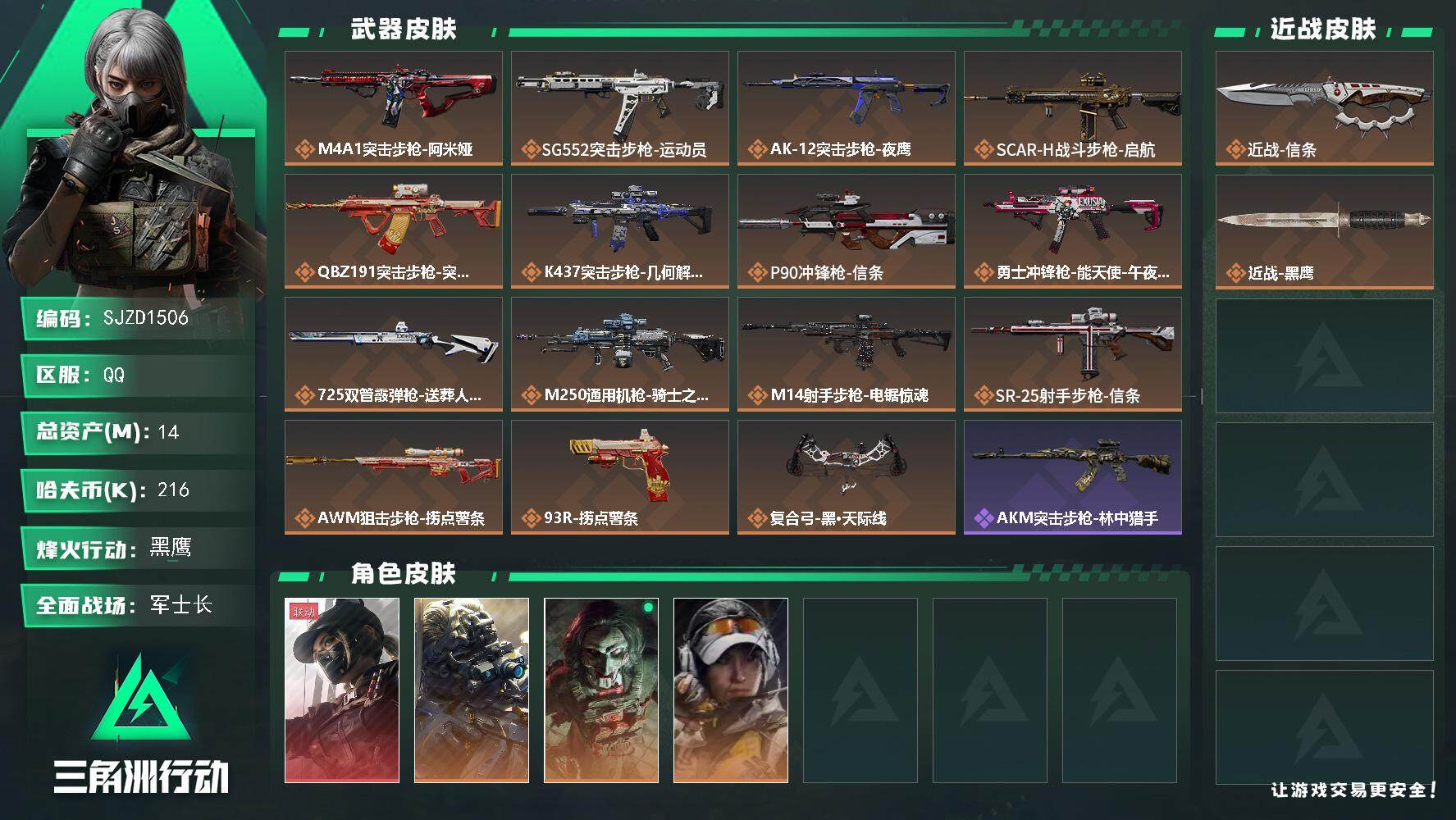 三角洲行动账号QQ【SJZD1506】总资产(M)：14M/哈夫币(K)：216K/哈夫币(K)：216K/传说枪皮数