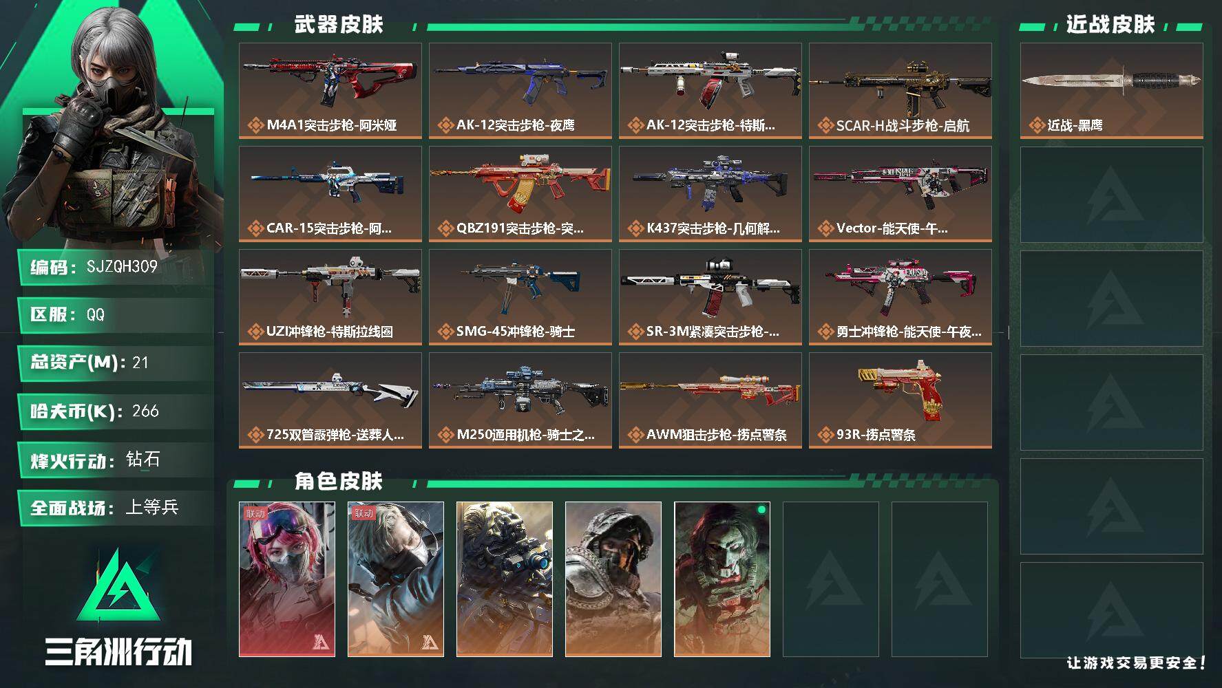 三角洲行动账号QQ【SJZQH309】总资产(M)：21M/哈夫币(K)：266K/哈夫币(K)：266K/传说枪皮数