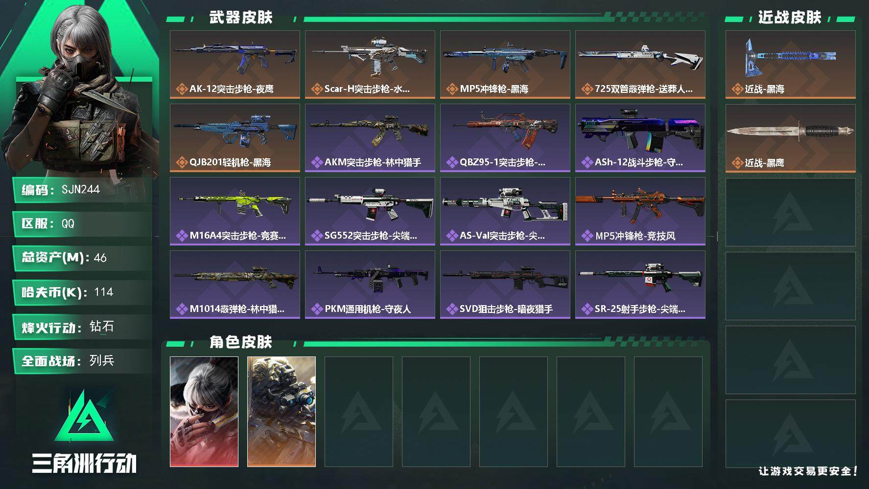 三角洲行动账号QQ【SJN244】总资产(M)：46M/哈夫币(K)：114K/哈夫币(K)：114K/传说枪皮数：5