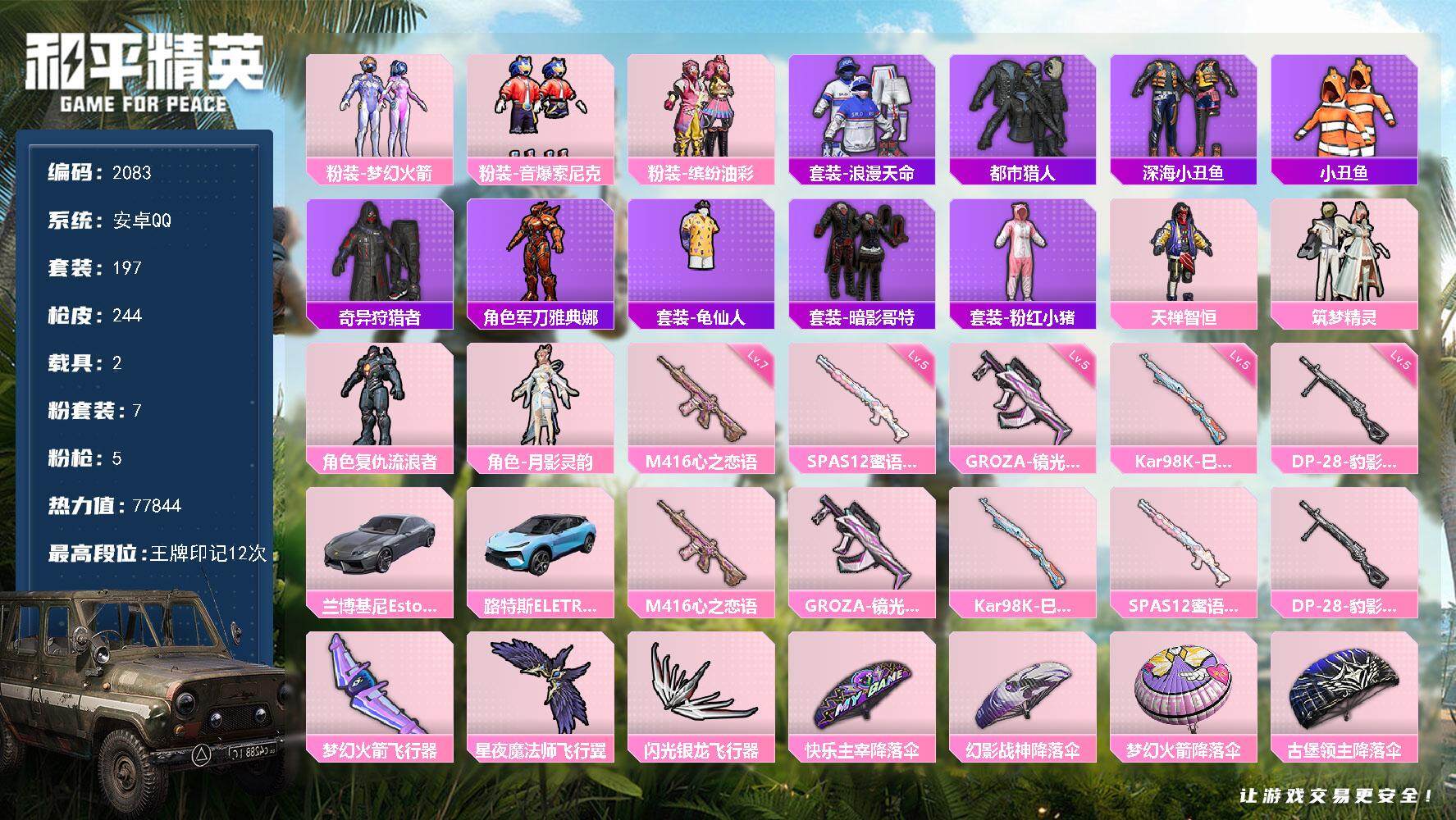 和平精英账号安卓QQ2载具-197套装-244枪皮-197套装/枪械5/装备294/载具2/战备166/王牌印记12/热