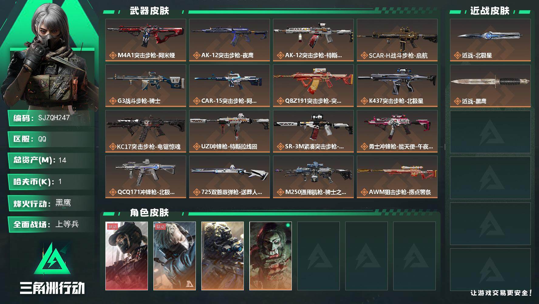 三角洲行动账号QQ【SJZQH247】总资产(M)：14M/哈夫币(K)：1K/哈夫币(K)：1K/全面战场等级：18_段位：上等兵/烽火地带等级：60_段位：黑鹰/露娜-黑·天际线/蜂医-送葬人·无题密令/无名-夜