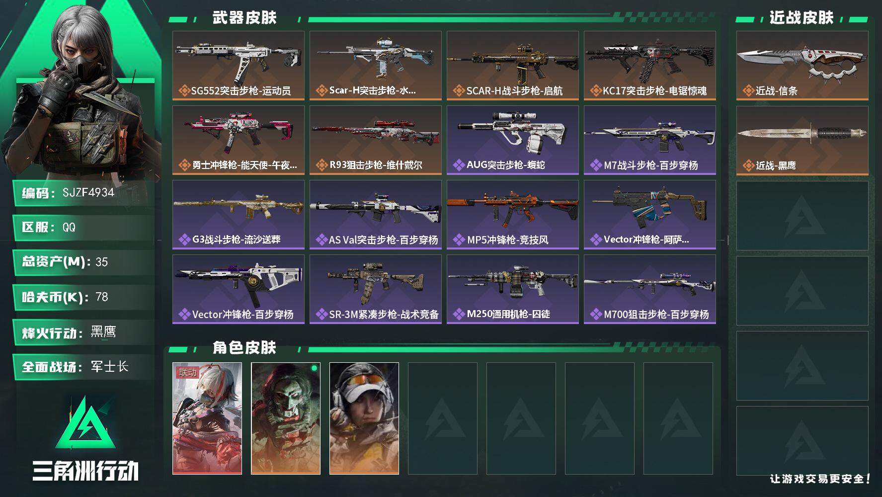 三角洲行动账号QQ【SJZF4934】总资产(M)：35M/哈夫币(K)：78K/哈夫币(K)：78K/传说枪皮数：6/全面战场等级：19_段位：军士长/烽火地带等级：60_段位：黑鹰/骇爪-维什戴尔/红狼-电锯惊魂