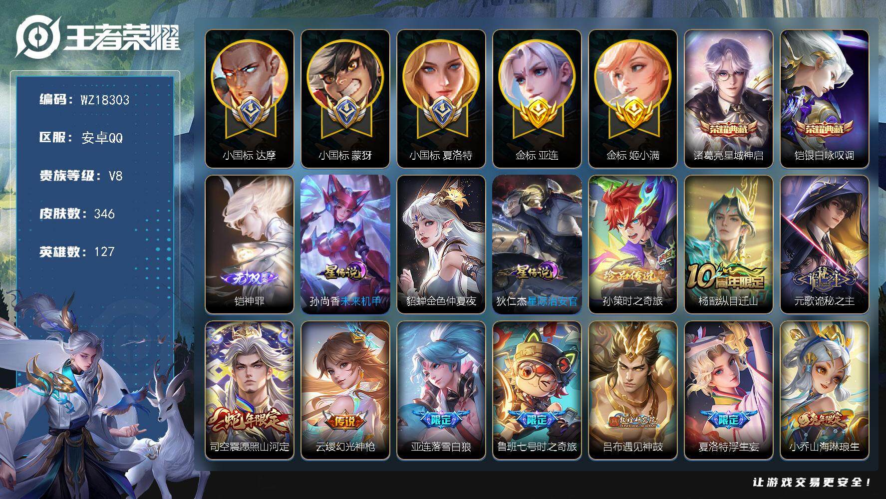 王者荣耀账号安卓QQ【WZ18303】HC71212，对抗路74段/小国标夏洛特1.3W/小国标达摩1.2W/小国标蒙犽1.2W/金标姬小满1.4W/金标亚连1.2W/3星元，安卓Q-V8-最强王者段位-127英雄-3