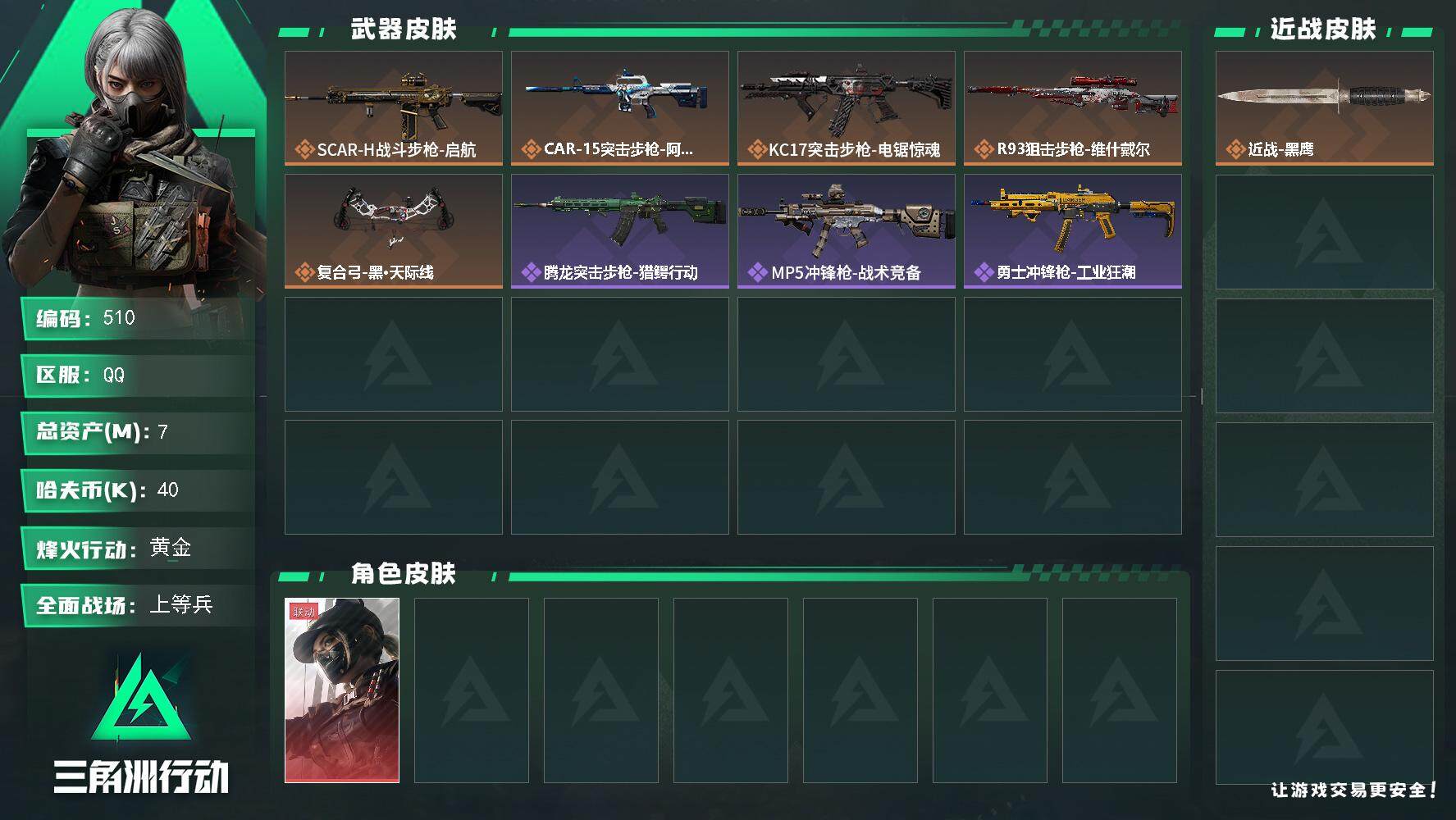 三角洲行动账号QQ7m总资产-40k哈伏币-57烽火等级-黄金-14战场等级-上等兵
【干员外观】：露娜-黑·天际线
