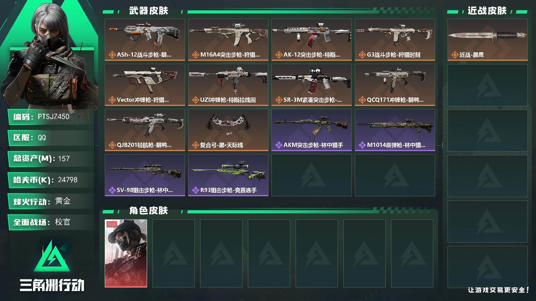 三角洲行动账号QQ【PTSJZ450】【自带包赔 找回全额赔】单红皮 7仓6体6耐
24798k哈伏币-137m流动资