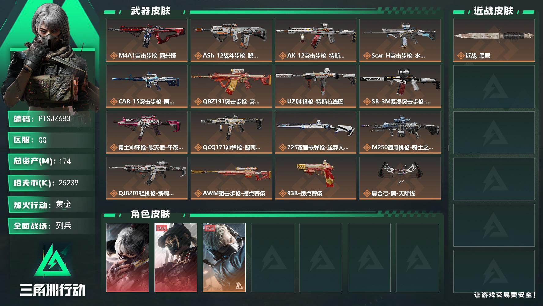 三角洲行动账号QQ【PTSJZ683】【自带包赔 找回全额赔】双红皮 7仓6体4耐
25239k哈伏币-94m流动资产