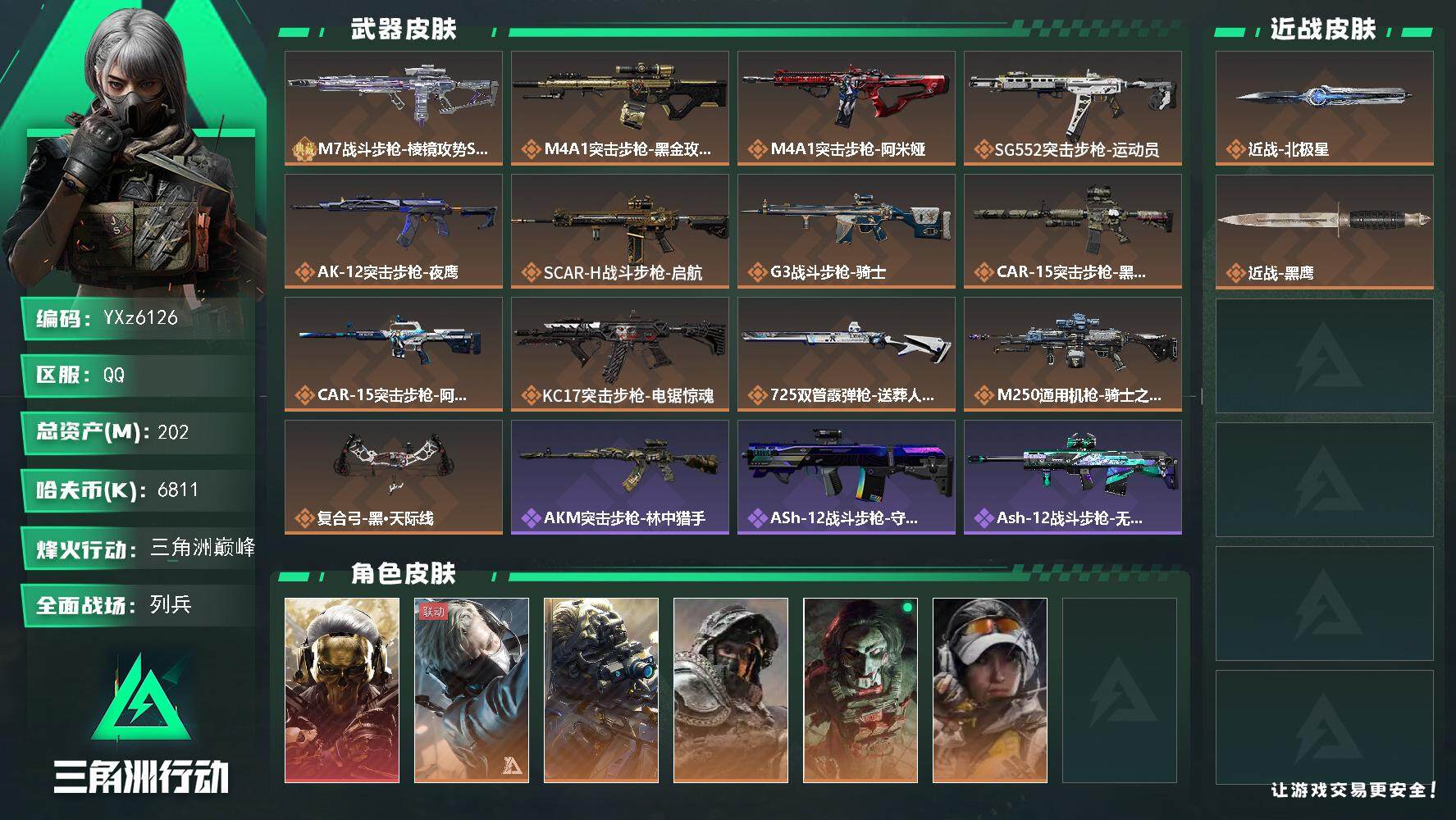 三角洲行动账号QQ【高特勤号仓库体力负重全满】【热门组合搭配,单红+北极星-蚀金玫瑰】【典藏外观】：M7战斗步枪-棱镜